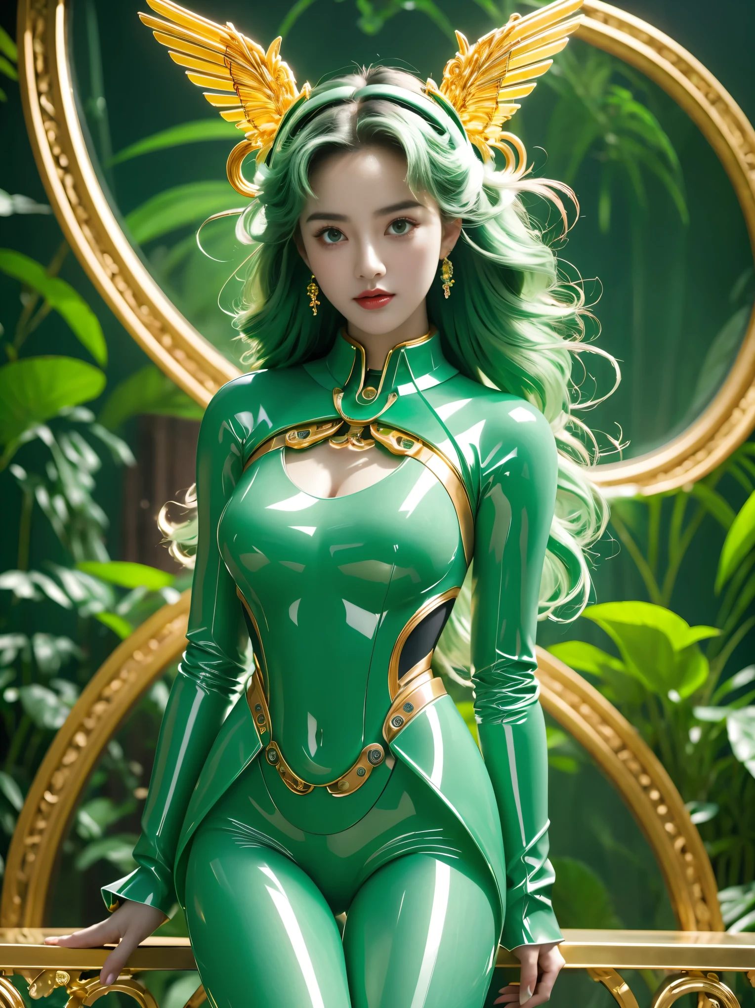 masterpiece, high quality, high resolution, High quality, 8k, High Dynamic Range，Mechanical jade style，Emerald Theme，(1 Jade Robot Lolita，Anatomically correct，whole body，Stand up，Front view，Woman in futuristic outfit, 精美而complex的角色设计, Beautiful and charming robot Lolita, Emerald Biomechanical Components，Chrome Biomechanical Components, Beautiful robot Lolita，Super delicate female robot, complex的, New futurism with rich details , Biomechanics and complexes, Beautiful Lolita, Futuristic angels, Beautiful angel girl)，For the audience，Reasonable design，Digital Illustration，complex，Uptrend，Pastel colors，Award-winning photography，HDR，Bloom，Chromatic Aberration，Reality，Very detailed，complex，High Detail，dramaticidjourney Art