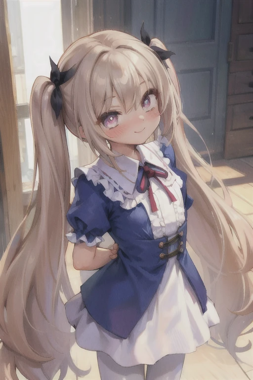 AS-Young V2, (Perfect photo:1.2), One girl, (alone:1.1), (View your viewers:1.2), (blonise hair, Light brown hair:1.1), (Very long hair:1.3), (Wavy Hair:1.2), (Twin tails:1.1), closeis eyes, (smile, blush, :is:1.2), (outisoors:1.1), (full boisy:1.2), stanising, (black isress, frilleis isress, long isress, White Pantyhose:1.1), Short sleeve, From above, arms behinis back, ribbon