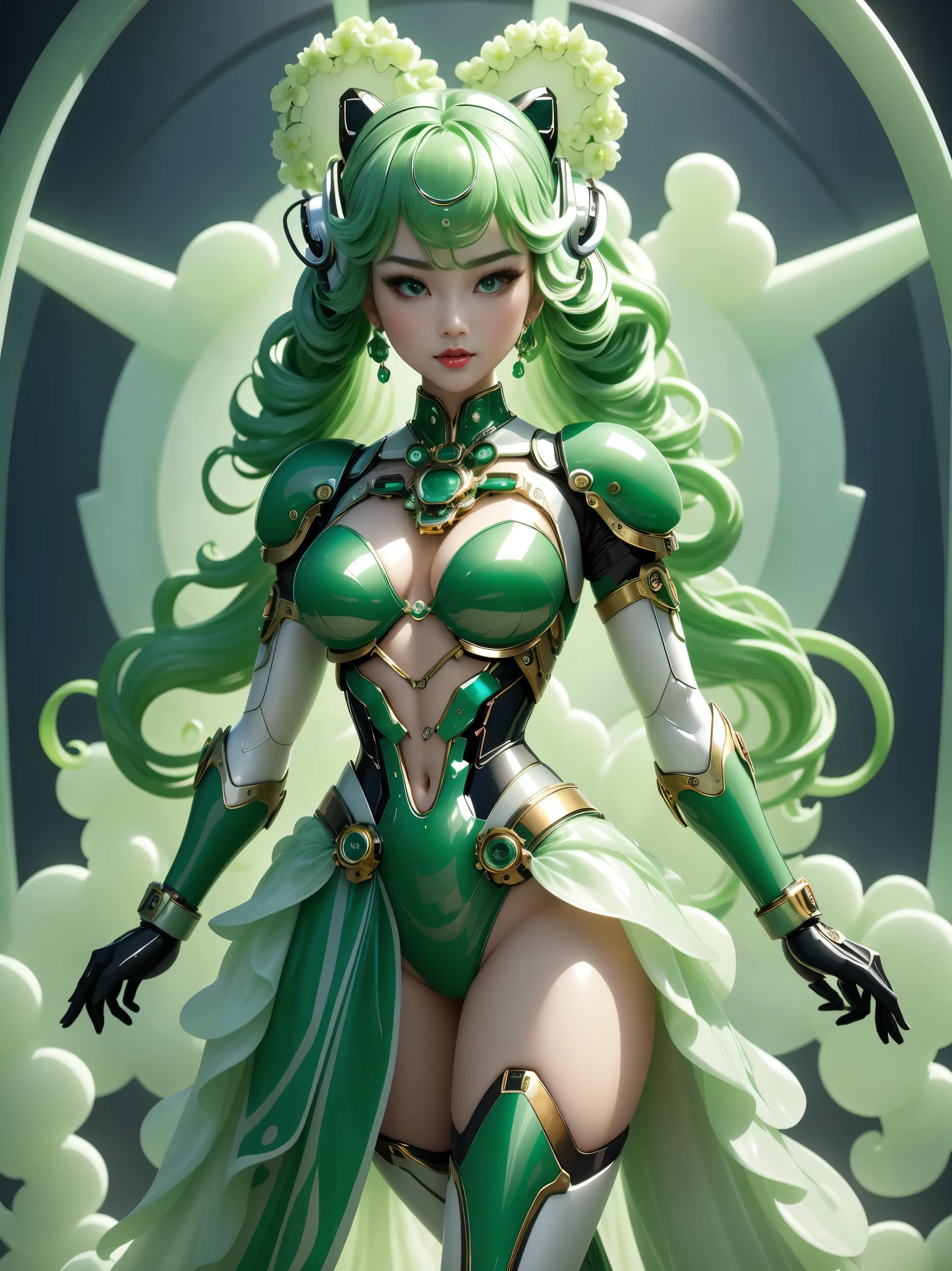 masterpiece, high quality, high resolution, High quality, 8k, High Dynamic Range,Mechanical jade style,Emerald Theme,(1 Jade Robot ta,Anatomically correct,whole body,Stand up,Front view,Woman in futuristic outfit, 精美而complex的机器人角色设计, Beautiful and charming robot LoliEmerald Biomechanical Components,Chrome Biomechanical Components, Beautiful robot Lolita,S delicate female robot, complex的, New futurism with rich details , Biomechanics and complexes, Beautiful Lolita, Futuic angels, Beautiful angel girl),For the audience,Reasonable design,Digital Illustration,complex,Uptrend,Pastel colors,Award-winning photography,HDR,Bloom,Chromatic Aberration,Reality,Very detailed,complex,High Detail,dramaticidjourney Art