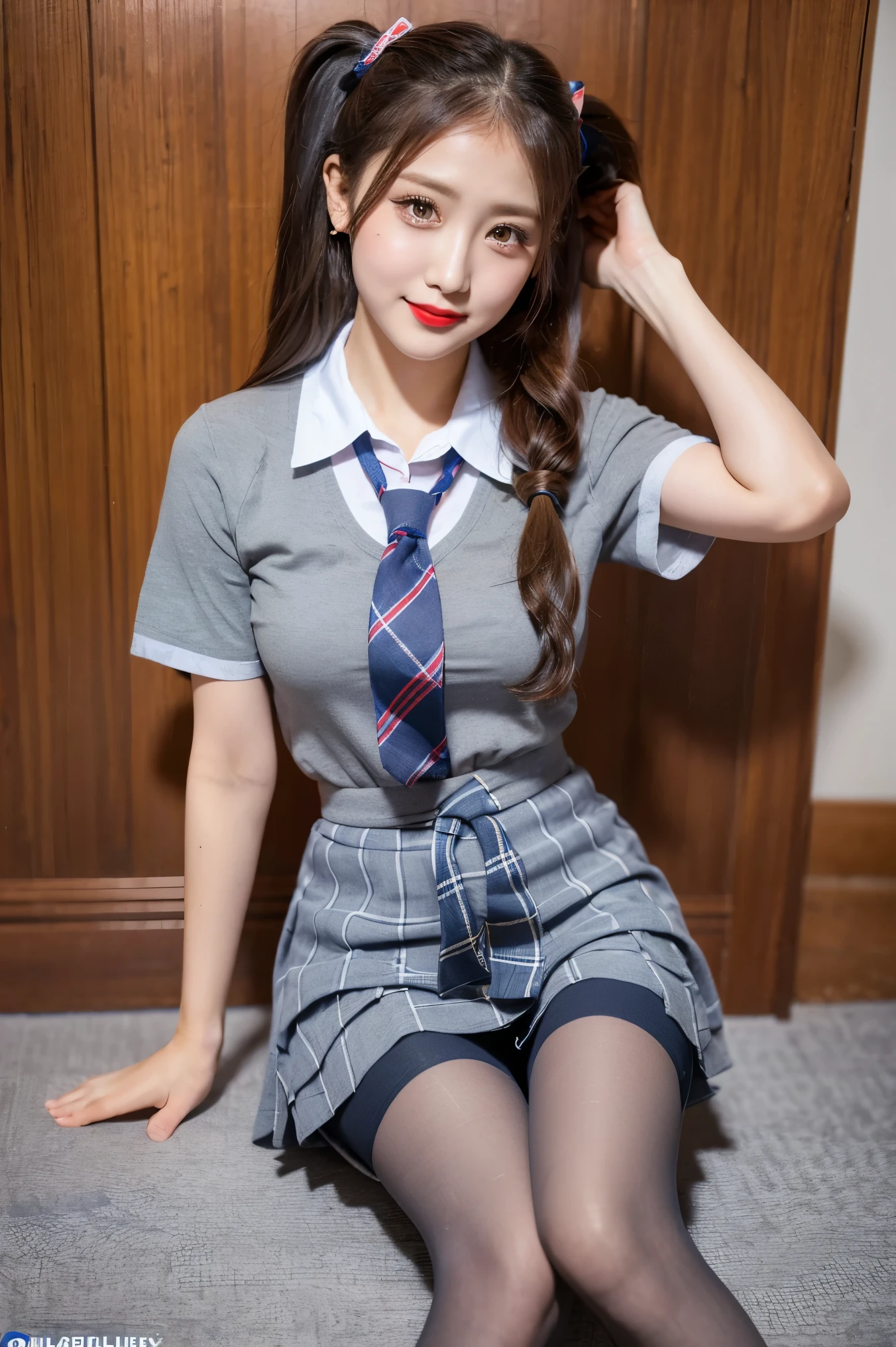 (8k), (highest quality: 1.2), (Realistic), (Realistic: 1.37), Ultra-high resolution, (1 girl), cute, smile, Mouth closed, Red Lip,Red cheeks,Beautiful details, Beautiful Nose, Wet Hair, Twin tails,Giant Dulcefo, pork, Thighs，Self Snap,University Uniforms,(Light BlueＹshirt:1.4),Pleated skirt,(The skirt and tie are gray tartan check pattern......:1.3),(Sitting:1), Sit on the ground,(Hold my feet:1),(Pink Pantyhose:1.2),from the front,knees