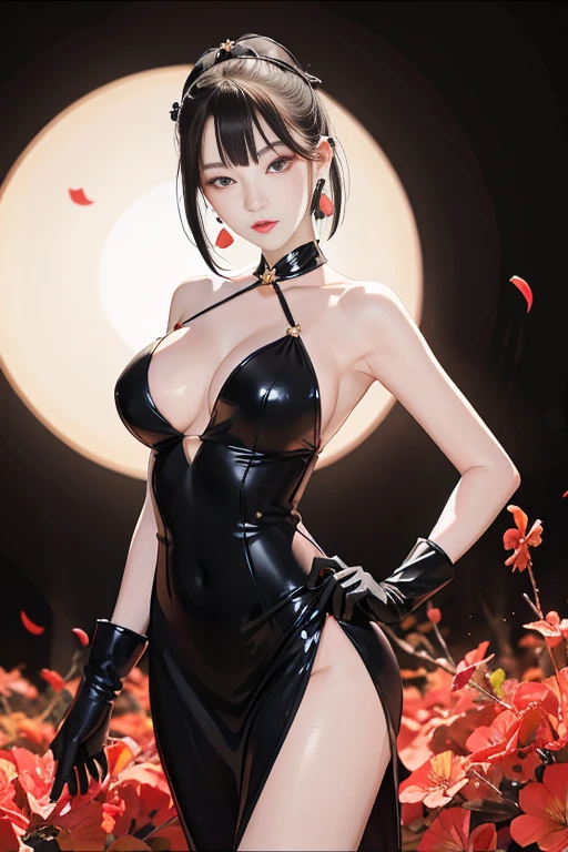 tsuruta ichiro, Narrow-eyed, 1girl in, Allback、deadpan、short-hair、shorth hair、brow、Reluctance、A dark-haired、Tucked Hair Solo, Cowgirl, Onepiece, ((big breasts)), Thin slit eyes、Black eyes, Light shines on the eyes、Black hair, gloves, Dress, Luxurious Jewelry, earrings, sharp eye、 elbow groves,Raise your hands and tie your hair back, random color, random color dress, Makeup for long eyes, Slender eyes、lip stick, Complex petal pattern, Rim Light, Back Light, pastel color,Studio Lighting