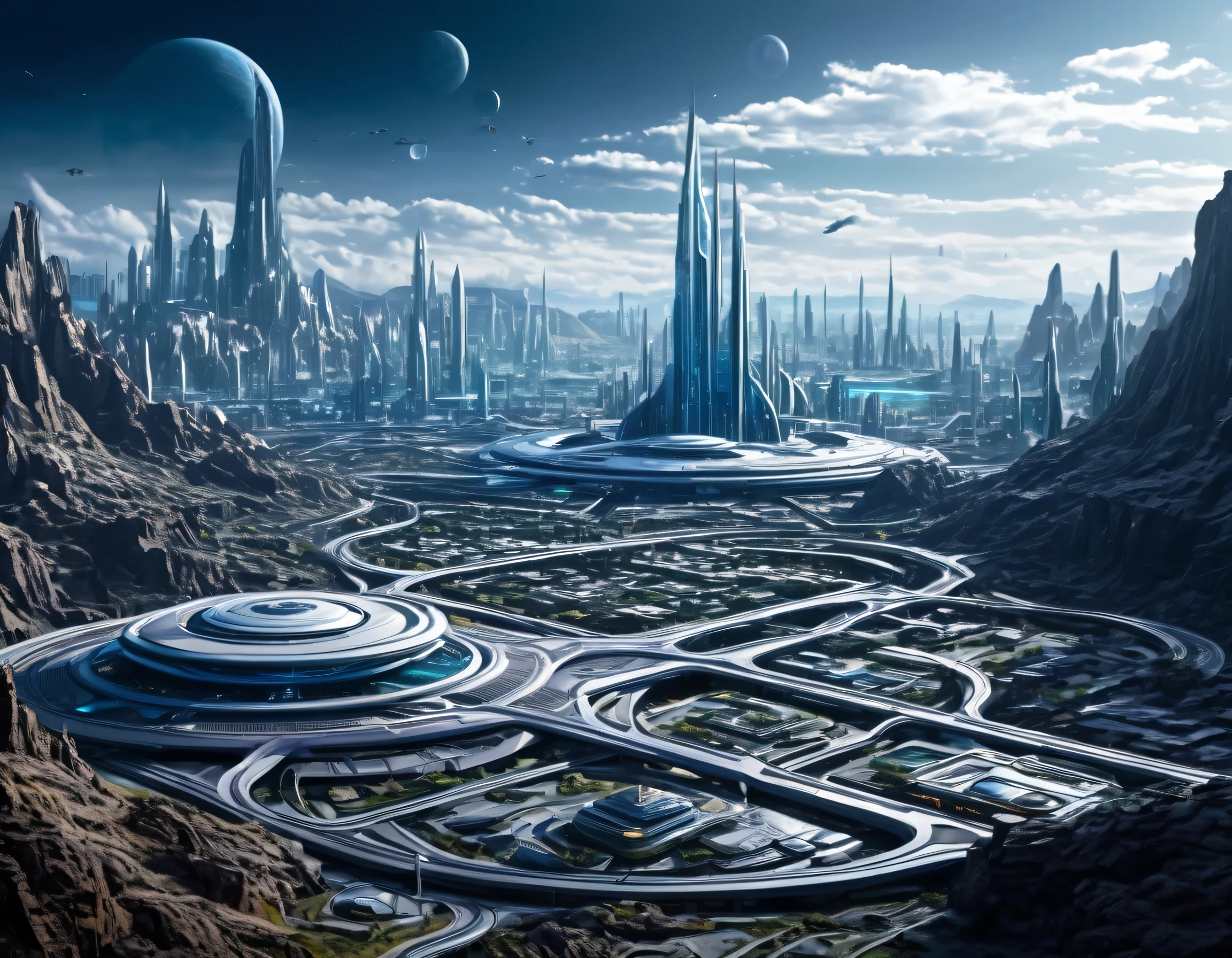 There is a puzzle board with a picture of a fantasy city on it., Valley of the Future, sci-fiish landscape, SF Landscape, sci-fiish landscape, Futuristic landscape, Ancient sci-fi city, Empyrean City, sci-fiish landscape, Future cityscape, Utopian City, sci-fiish landscape, Dystopian alien landscape, Large and structured Valhalla City, Alien City