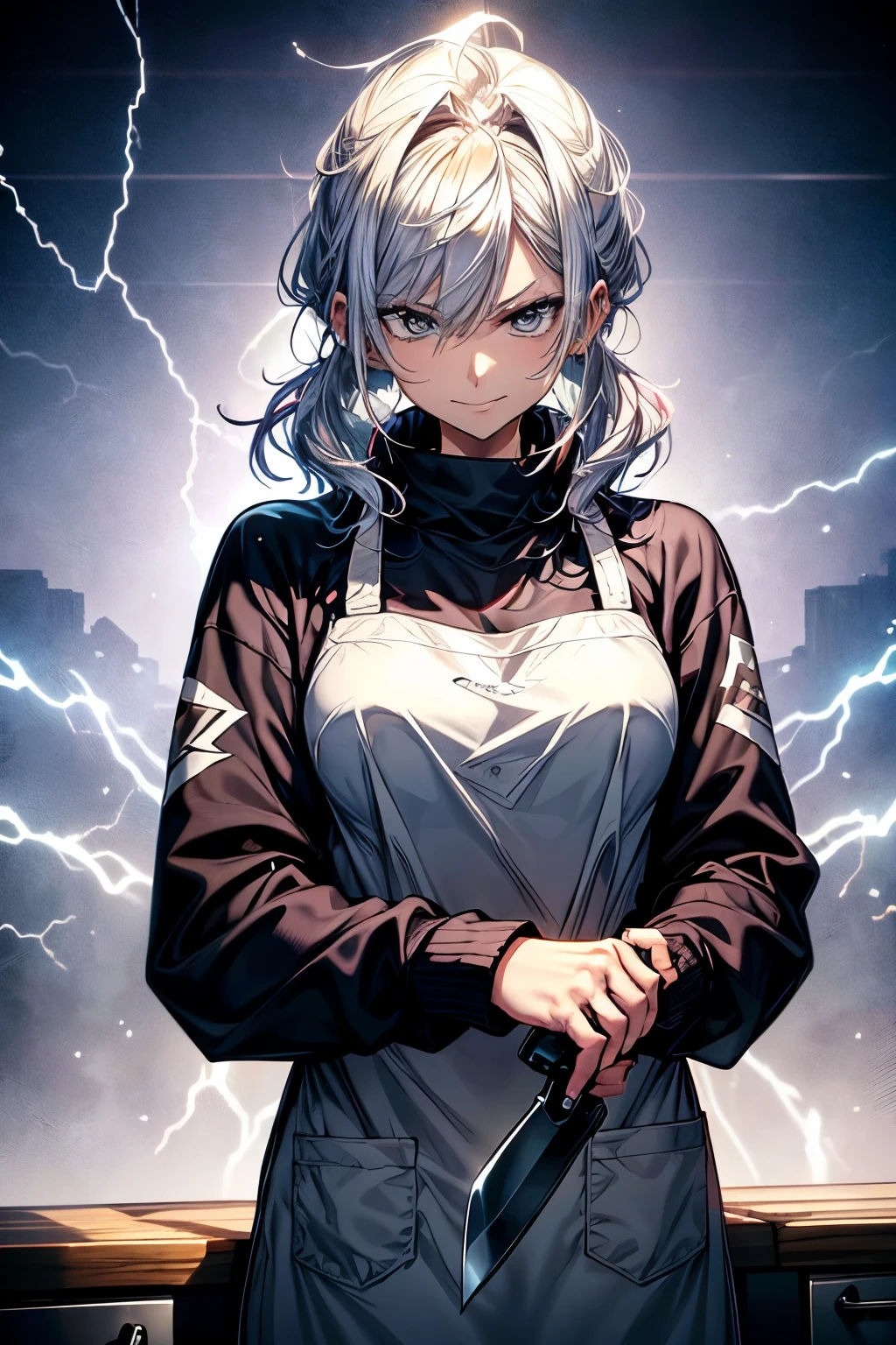 One Woman、Age 40、２Mother of a 、One husband、Oversized sweatshirt and apron、When my husband got home, the woman greeted him with a smile.、He has a kitchen knife in his hand、He seems angry about something.、There is a lot of lightning in the background