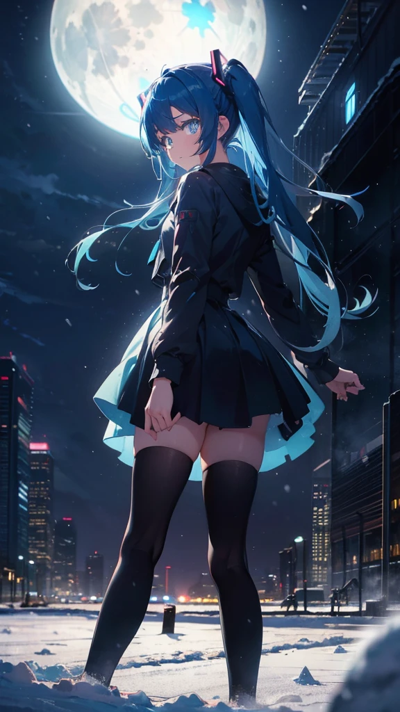 (masterpiece、highest quality)、1 girl ,Grim expression、hatsunemiku,Warm lighting、 Blurred foreground、night、High Contrast、Twin tails,blue gem eyes,Blue Hair,night,snowing,Heavy snowfall,winter,Alone in the vast snowy field,whole body,curse,Looking at me,Huge construction,moon,whole body,shine,bright,Sad expression,whole body,sad face,legs,Huge structures,universe,planet,look back