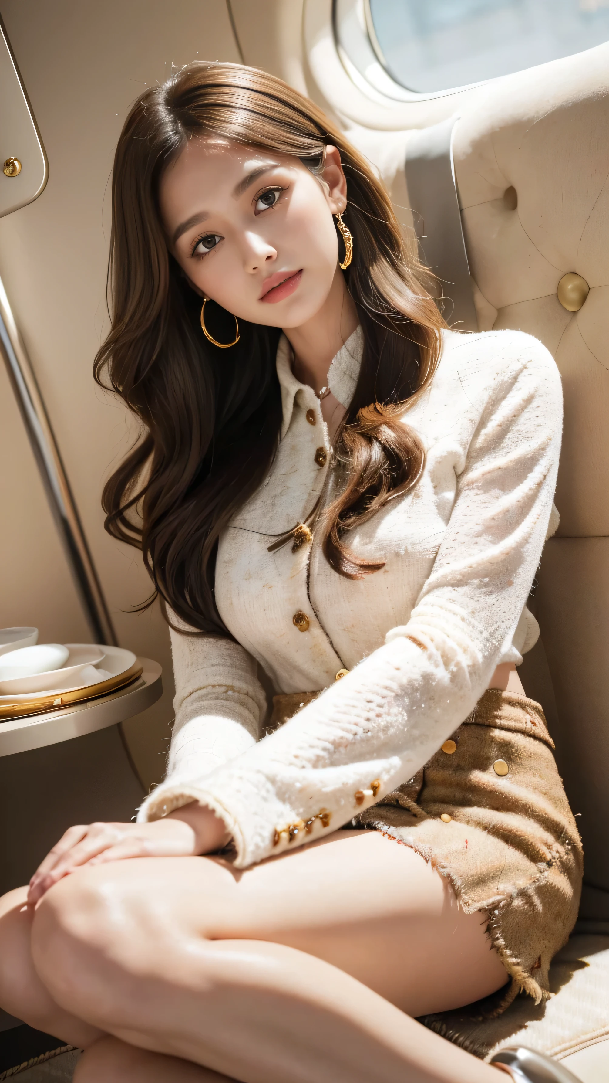 highest quality,masterpiece,Ultra-high resolution,(Actual:1.4),Original photo,Ultra-high resolution，8k，There are also women，Fair skin，Exquisite makeup，White high heels，Long legs，Bright and beautiful、Loosely inward wavy hair,Extra long brown hair_Hair reaching down to the waist,A shy smile、gold luxury necklace＿Large earrings,inside private jet, indoor, hyper detailed background、((White long sleeve buttoned blouse_Brown tweed mini skirt:1.3)),