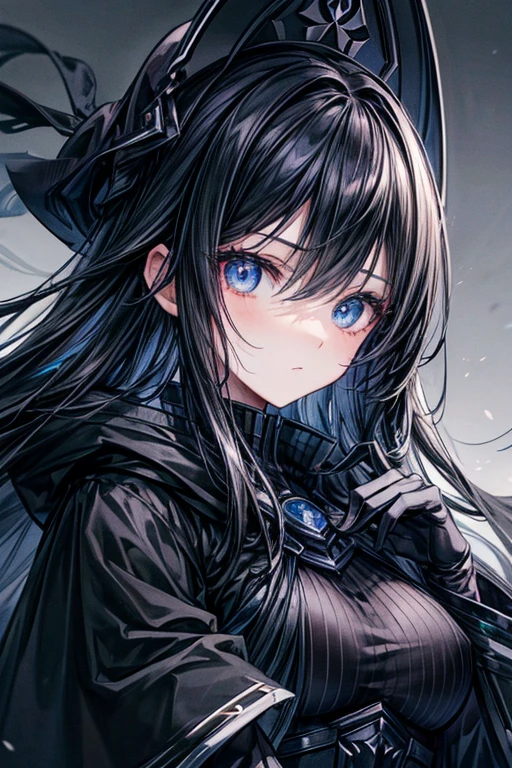 (masterpiece, best quality, perfect face, expressive eyes), 1girl, (anime), long black hair, blue eyes, black gloves, black assassin outfit, black cloak, blue gradient hair, small breasts,