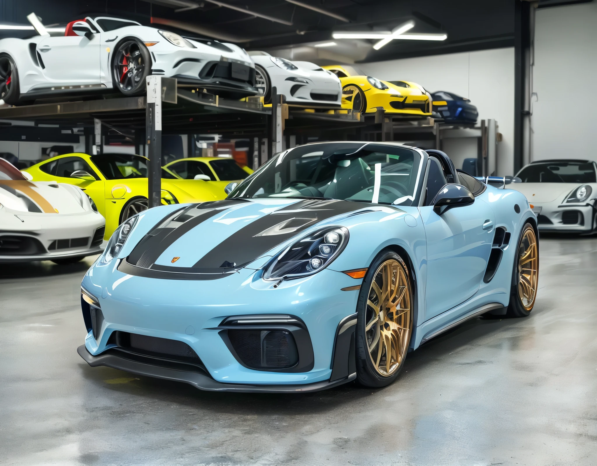 arafed blue sports car parked in a garage with other cars, porsche, in detail, porche, award winning masterpiece, pristine and clean, award-winning masterpiece, well-designed masterpiece, frontal shot, ultra wide-shot, speedster, facing front, stunning masterpiece, exquisite masterpiece, ultra wide shot, inspired by Harry Haenigsen