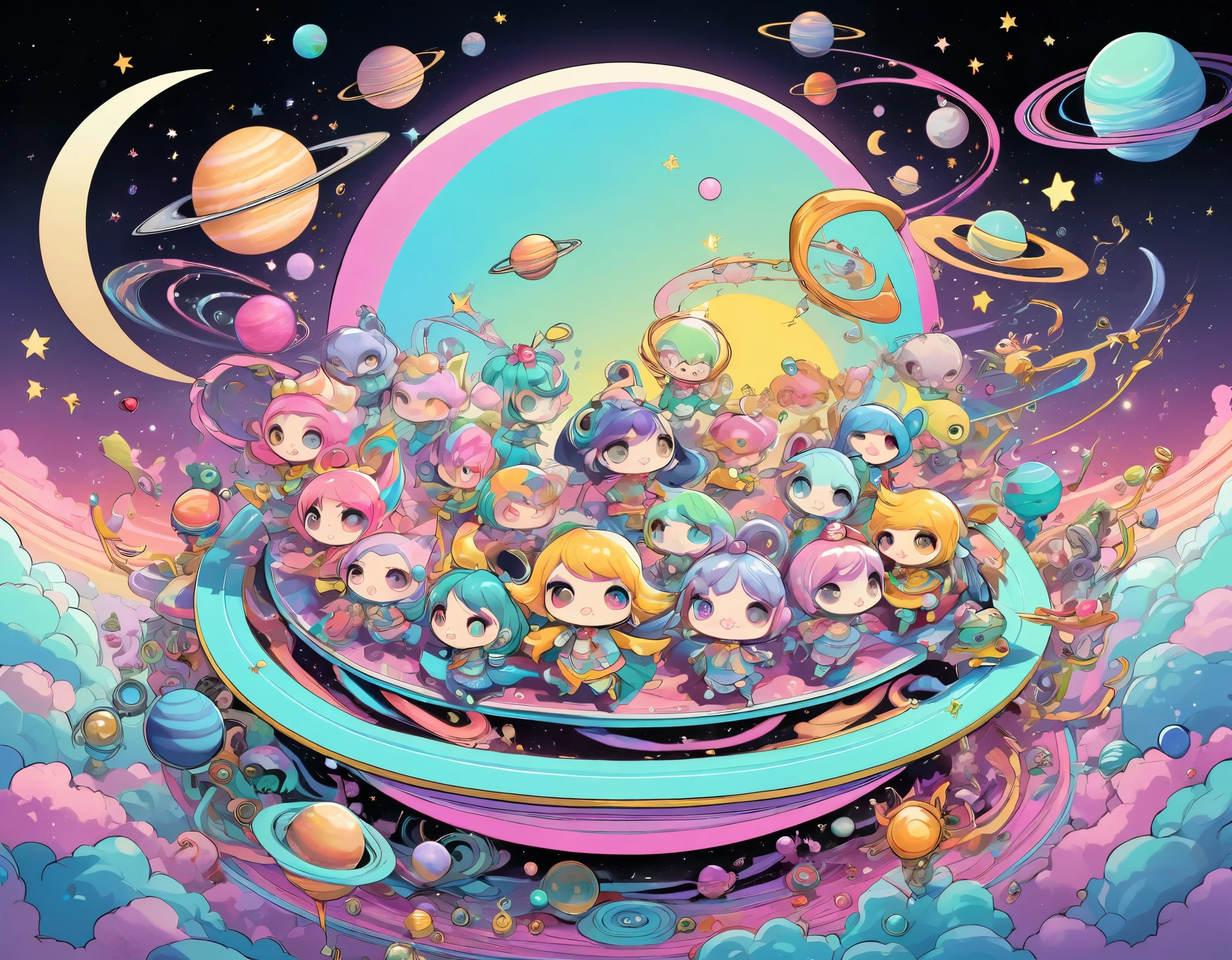 best quality, super fine, 16k, incredibly absurdres, extremely detailed, delicate, flashy and dynamic depiction, a cute and fairytale pastel color pop art piece featuring chibi, super deformed, anthropomorphized creatures, and many kinds of creatures running a race around the rings of Saturn, with planets, sun, crescent moon, and stars cheering them on