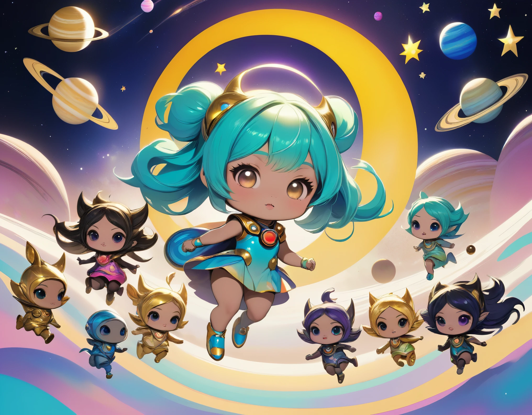 best quality, super fine, 16k, incredibly absurdres, extremely detailed, delicate, flashy and dynamic depiction, a cute and fairytale pastel color pop art piece featuring chibi, super deformed, anthropomorphized creatures, and many kinds of creatures running a race around the rings of Saturn, with planets, sun, crescent moon, and stars cheering them on