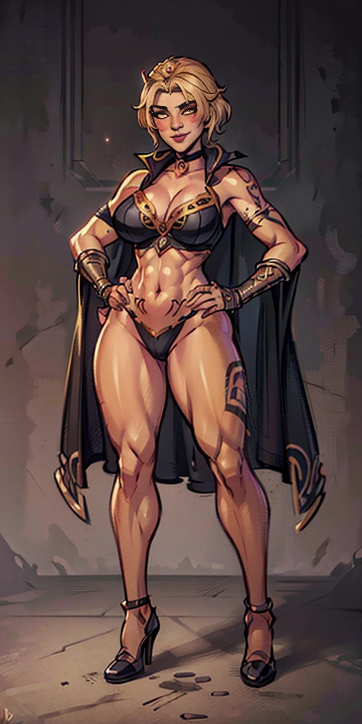 (masterpiece, full body, game art style, best quality, high res, 4k, 8k, detailed illustration, intricate detail, cinematic lighting, amazing quality, ultra detailed, best shadow, grey background:1.2) Two long thighs, yellow eyes, blonde hair, short hair, large breasts, detached sleeves, royal tiara, long cape, yellow tiger bikini, high heels, hands on hips. red tattoo on belly navel, full body female MILF BIMBO, lustful smirking smile face (red blush), metal shoulders, golden bracers sleeveless, black choker sex slave