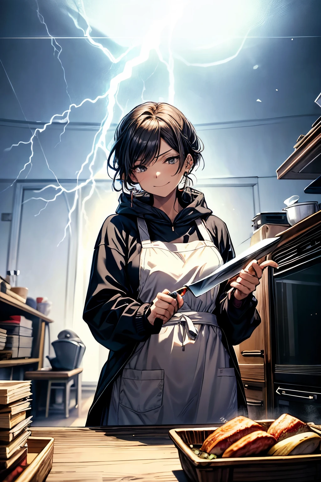 One Woman、Age 40、２Mother of a 、One husband、Oversized sweatshirt and apron、When my husband got home, the woman greeted him with a smile.、He has a kitchen knife in his hand、He seems angry about something.、There is a lot of lightning in the background