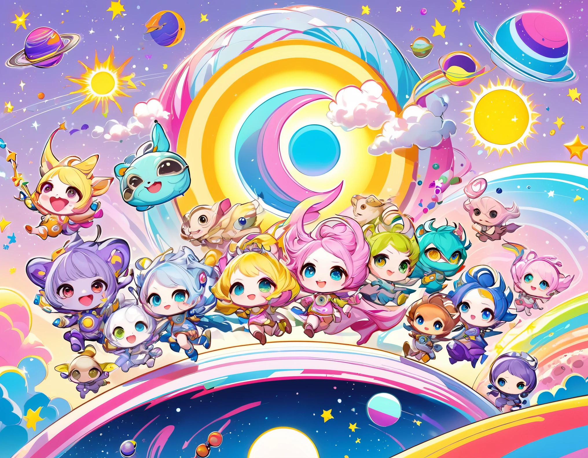 best quality, super fine, 16k, incredibly absurdres, extremely detailed, delicate, flashy and dynamic depiction, a cute and fairytale pastel color pop art piece featuring chibi, super deformed, anthropomorphized creatures, and many kinds of creatures running a race around the rings of Saturn, with planets, sun, crescent moon, and stars cheering them on
