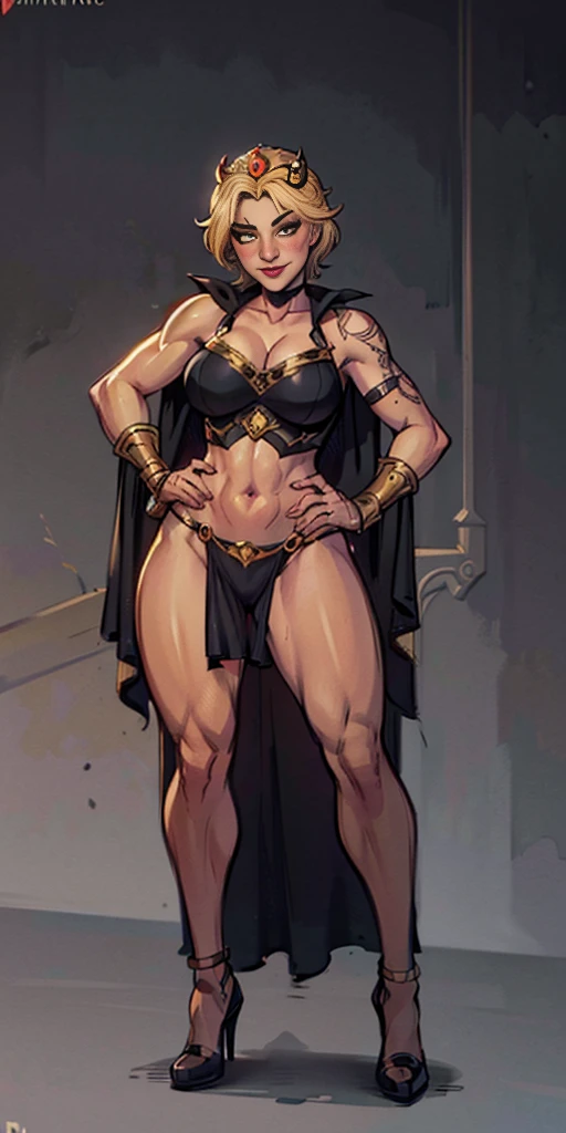 (masterpiece, full body, game art style, best quality, high res, 4k, 8k, detailed illustration, intricate detail, cinematic lighting, amazing quality, ultra detailed, best shadow, grey background:1.2) Two long thighs, yellow eyes, blonde hair, short hair, large breasts, detached sleeves, royal tiara, long cape, yellow tiger bikini, high heels, hands on hips. red tattoo on belly navel, full body female MILF BIMBO, lustful smirking smile face (red blush), metal shoulders, golden bracers sleeveless, black choker sex slave