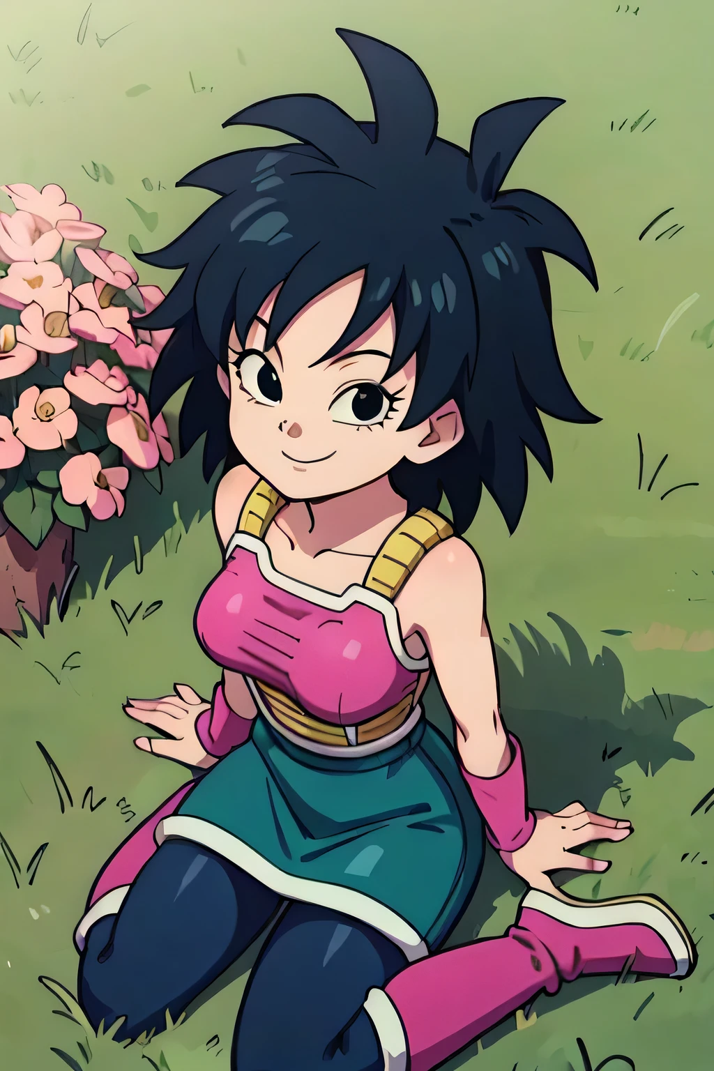 gine,short black hair, black eyes, bare shoulders,pink wristbands,breastplate, green saiyan armor,green skirt,pantyhose,boots,  looking at viewer, smiling, happy, sitting, wariza, on grass, flowers, from_above, sunny, high quality, masterpiece 