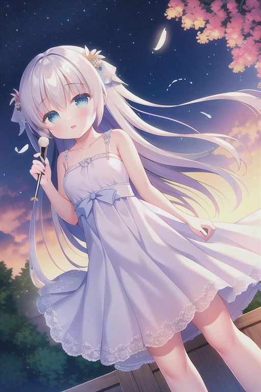 Absurd, high quality, Game CG, One girl, Long Hair, Wedding dress, Outdoor, Night Sky, Falling feathers, Upper Body