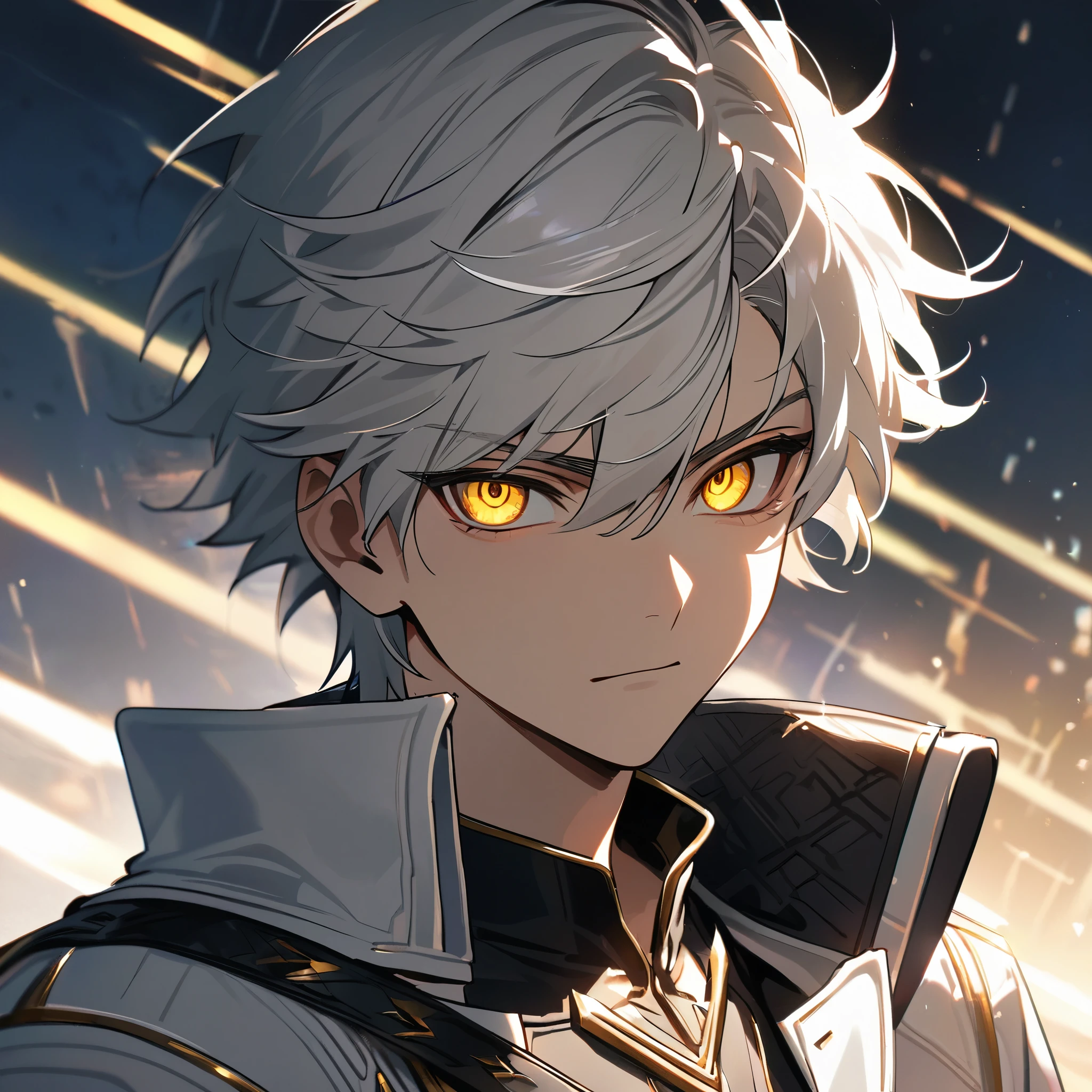High quality, HD, 4k, handsome male, 1male, , teenager, go lining, short white hair, sharp eyes, gold eyes, devil may cry, close up, calm expression, stoic expression, black leather clothes, white leather clothing, upper body, looking at viewer, cowboy shot, white solar, shining background