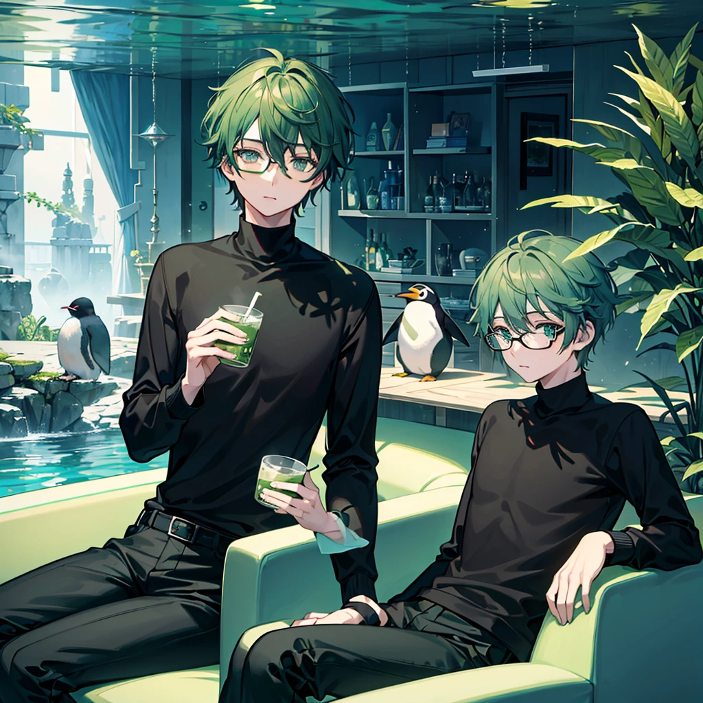A young man with glasses drinks green tea in an underwater cafe. dark green hair bright green eyes There's a penguin on the head.Wear a long-sleeved black turtleneck shirt.black pants
