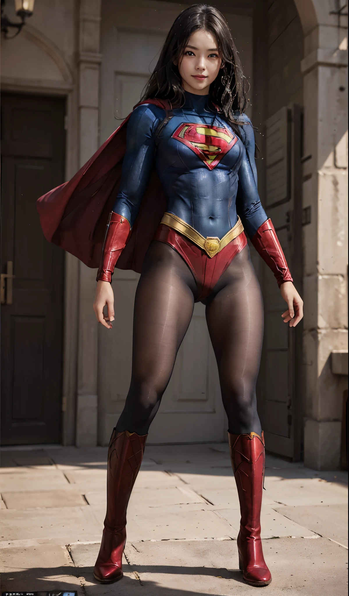 No background、(((Beautiful legs in black tights.)))、(((Legally express the beauty of your smile)))、((((Make the most of your original images)))、(((Supergirl Costume)))、(((Beautiful Hair)))、(((suffering)))、(((Please wear black tights....、Wear red boots)))、((Best image quality、8k))、((highest quality、8k、masterpiece:1.3))、(((Preserve background )))、Sharp focus:1.2、Beautiful woman with perfect figure:1.4、Slim Abs:1.2、Wet body:1.5、Highly detailed face and skin texture、8k