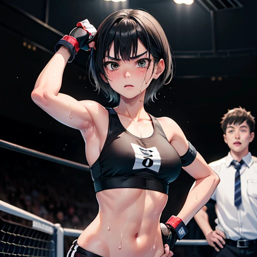 Cute slender high school girl, mixed martial arts match, female athlete in ring, lowered eyebrows, pained expression, exhausted expression, sweaty, out of breath, short black hair, slight muscle tone, small breasts, sports bra, high leg shorts, open finger gloves