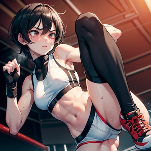 Cute slender high school girl, mixed martial arts match, female athlete in ring, lowered eyebrows, pained expression, exhausted expression, sweaty, out of breath, short black hair, slight muscle tone, small breasts, sports bra, high leg shorts, open finger gloves