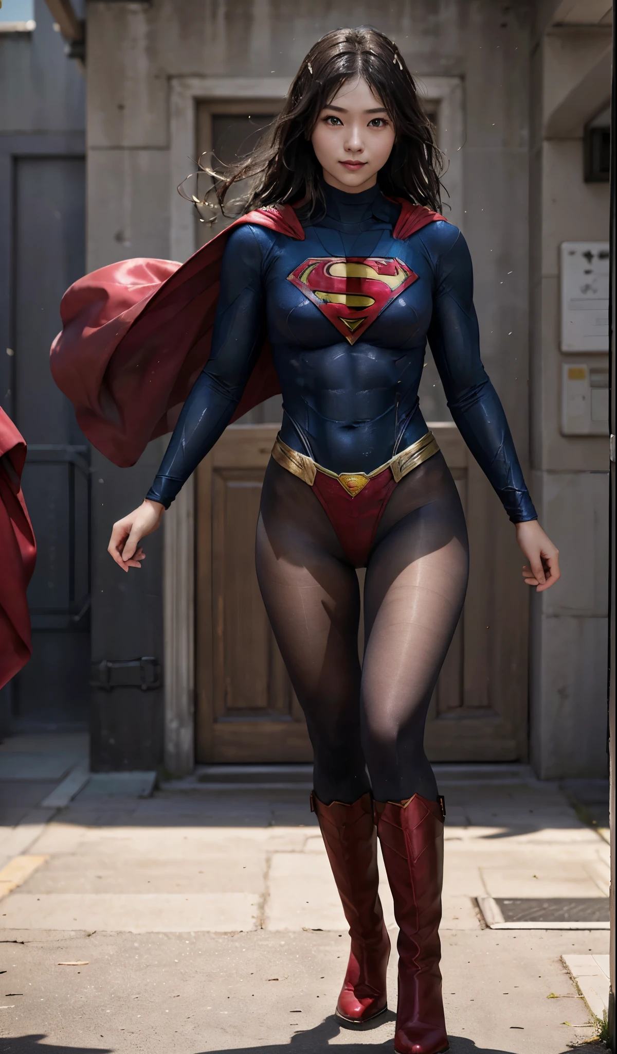 No background、(((Beautiful legs in black tights.)))、(((Legally express the beauty of your smile)))、((((Make the most of your original images)))、(((Supergirl Costume)))、(((Beautiful Hair)))、(((suffering)))、(((Please wear black tights....、Wear red boots)))、((Best image quality、8k))、((highest quality、8k、masterpiece:1.3))、(((Preserve background )))、Sharp focus:1.2、Beautiful woman with perfect figure:1.4、Slim Abs:1.2、Wet body:1.5、Highly detailed face and skin texture、8k