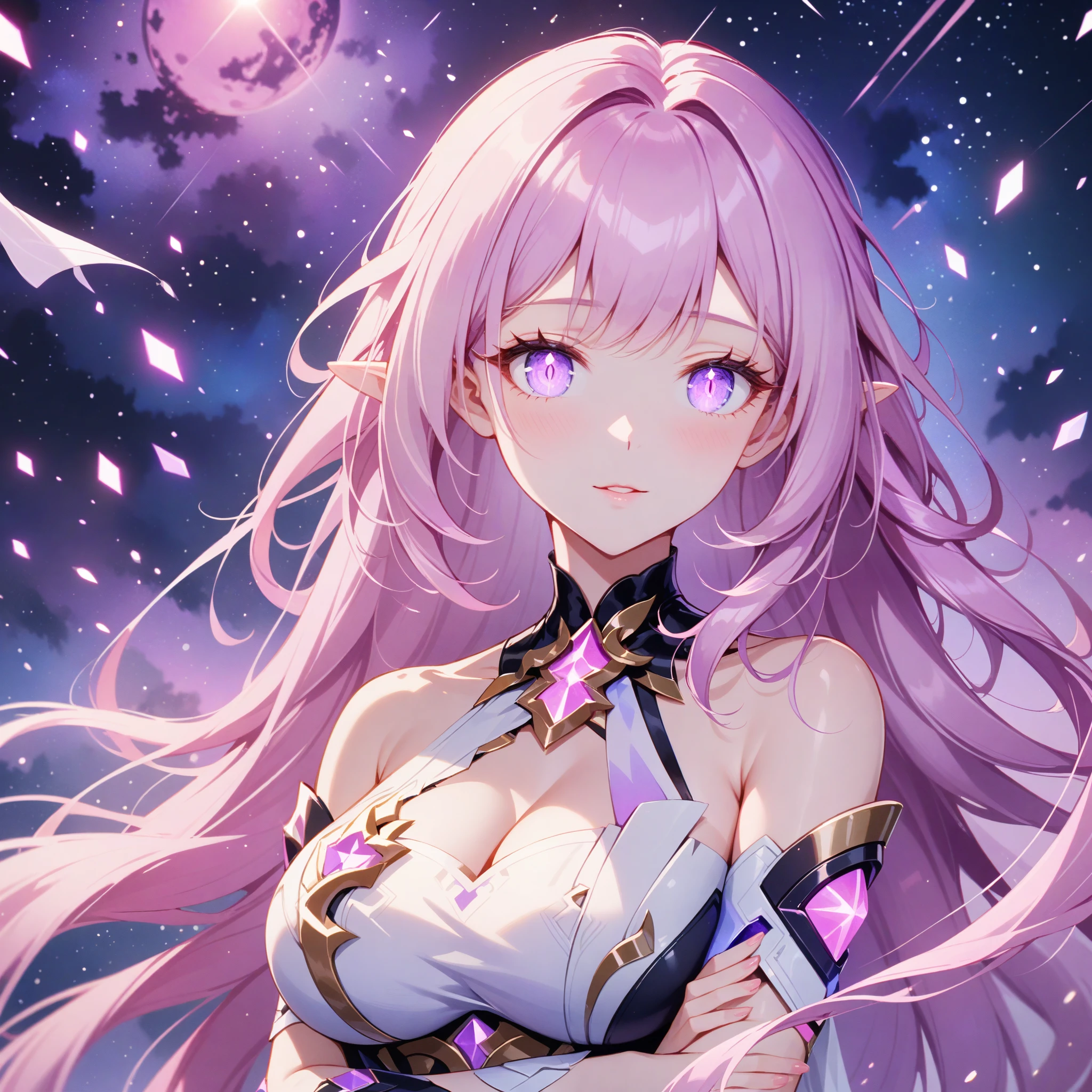 ai-generated,very aesthetic,1girl,elysia_/(herrscher_of_human:ego/)_/(honkai_impact/),pointed_ears,vivid pink_hair,dreamy anime fantasy background,raytracing,light purple eyes,criin,mihoyo,kagaya studio,floating,light particles,dsmile,starry sky,celestial,intricate,large breasts, glossy lips, long eyelashes,goddess,silk chiffon,cosmic,hires,pink slit pupils,watercolor