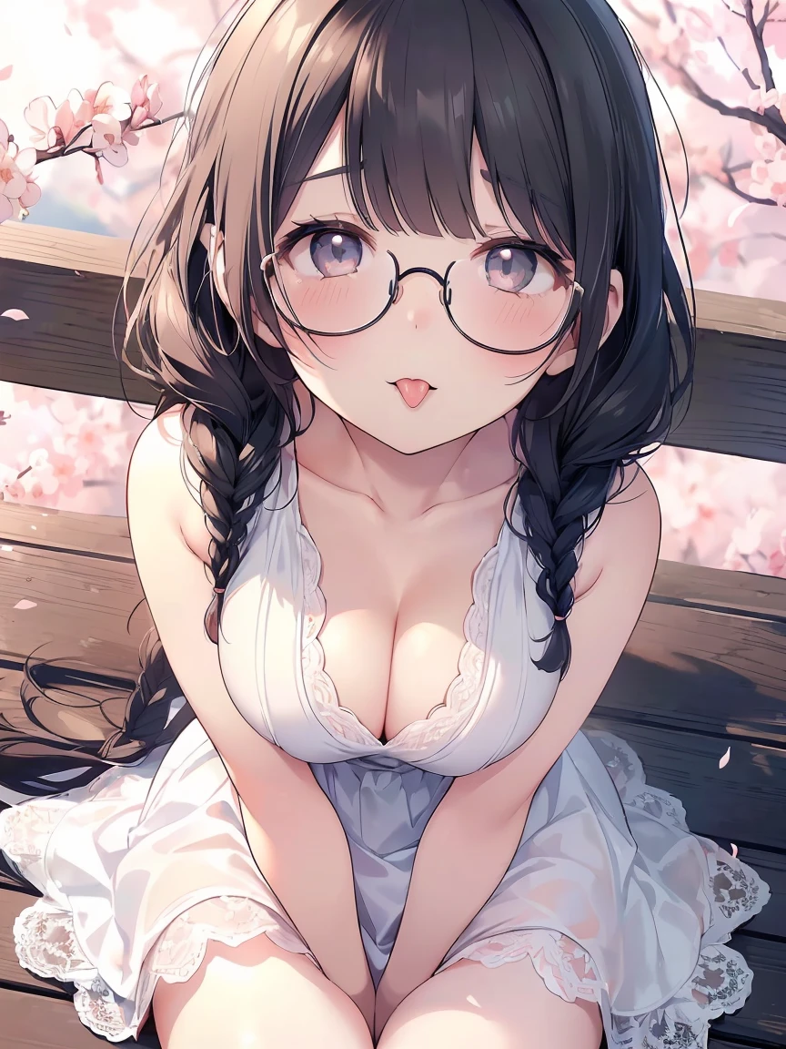 Very detailed, highest quality, High resolution, Moe Anime, ((Cute girl with black hair and droopy eyes)), ((Wearing large round glasses:1.4)), (Baby Face), Cute eyes, Detailed eye depiction, Sparkle in the eyes, View your viewers, Pale skin, (Big eyes:1.4, Droopy eyes:1.4, Fatty face:1.4), smile, Focus on the face, In the park with cherry blossoms falling, Sitting, (Extreme close up of tongue), (((From above))), Open your mouth, (((Face only:1.3))), ((white lace sleeveless dress)), Bright Eyes, Light from the front, (Put your hands between your legs:1.4), large and long tongue, Cleavage, Braided hairstyle
