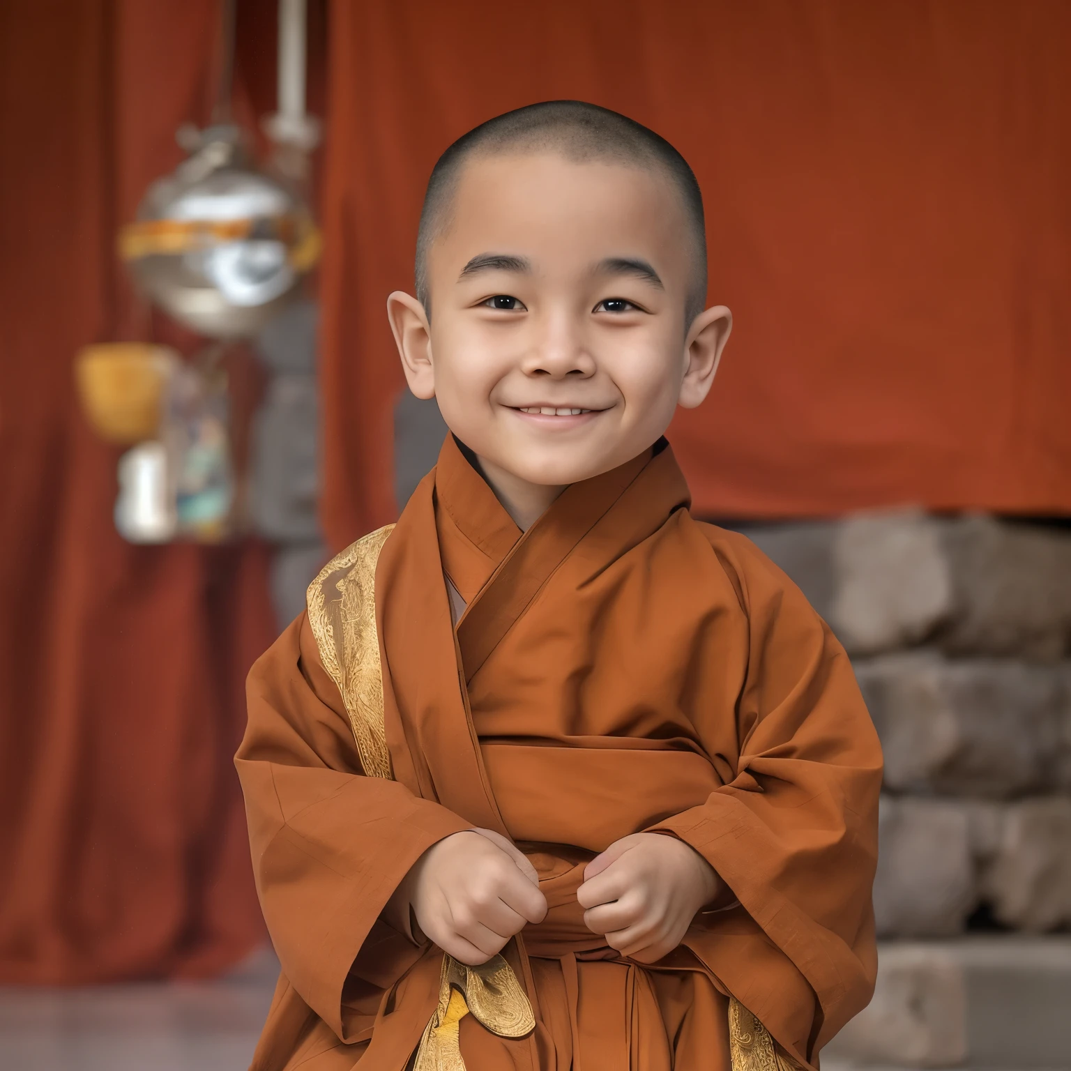 A young monk dressed in a monk's robe,had his hands folded,sit with legs crossed,Smile at the camera