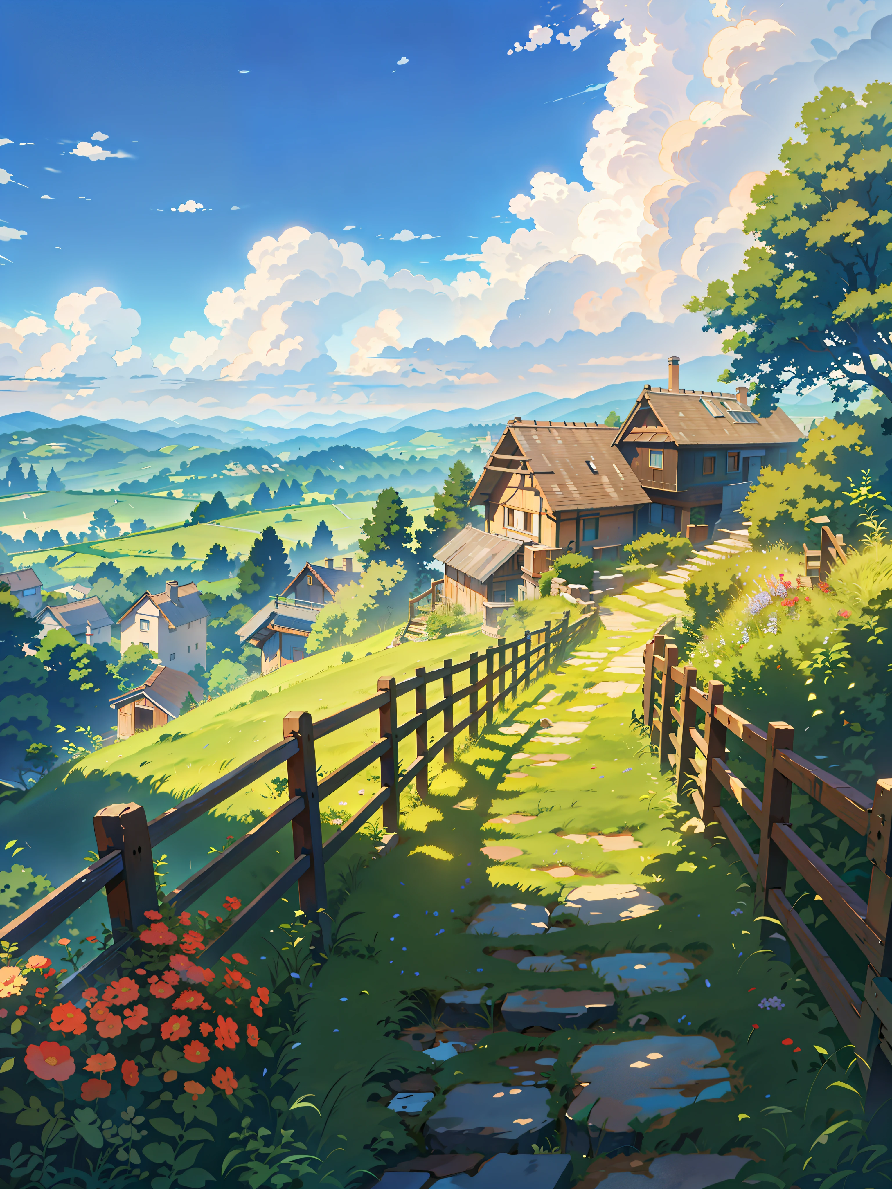 a painting of a small village on a hill, anime landscape, anime countryside landscape, flowers, stairs, fence, ghibli studio art, anime scenery, anime scenery concept art, studio ghibli environment, anime landscape wallpaper, ghibli studio anime style, studio ghibli film, alena aenami and artgerm, magical castle school on a hill, anime. by makoto shinkai, ghibli artstyle, 4k professional painting, game, detailed key anime art, illustation, a beautiful artwork illustration, beautiful digital painting, highly detailed digital painting, beautiful digital artwork, detailed painting 4 k, very detailed digital painting, rich picturesque colors, gorgeous digital painting