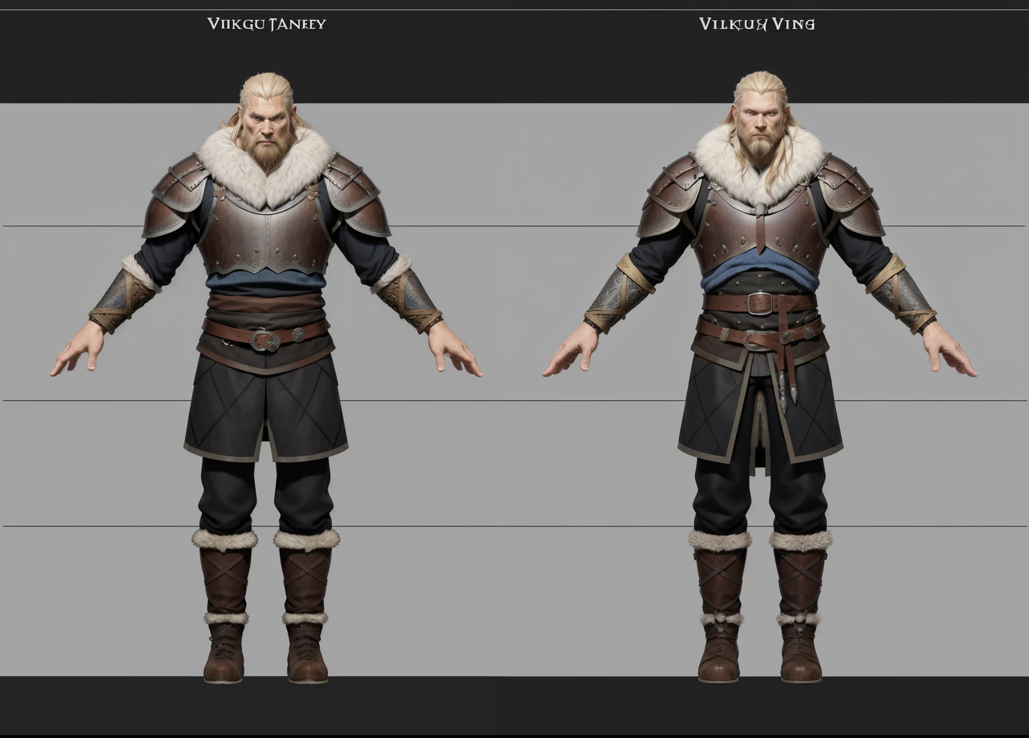 ( Realistic:1.33),(masterpiece:1.1),(highest quality:1.1),(HDR:1) a close up of a Tall Viking man with gambeson fur coat , detailed armor, old Cuirass engraved leather, intricate designs on the Cuirass, intricate Cuirass engravings, full body concept, detailed full body concept, old man Viking with a long braid, Viking style, Viking protective, Portrait of a Viking, Viking warrior, Viking culture, Nordic warrior, Viking costume, Ancient Viking warrior, Elven blond warrior, Epic Viking king , wearing Viking clothing, male Viking, with Machado, Nordic inspiration, Viking and Templar aesthetics, full body character concept,costume concept design, full body details, detailed full body concept art, full character body, character model sheet turnaround, fullbody shot turnaround, concept character sheet, full body concept art, reference model sheet , full body concept art, RPG style character, game character design, 3d character reference sheet, video game character concept, detailed character design, character sheet, [ character model sheet turnaround ], front and back, ((front and back)), grey clean background, 3D character, leather belt with leather knife bag, leather, leather armband, leather boots with fur, gambeson blue cloth, (viking warrior), ((barbarian)),(((wide chest)), (((animal fangs accessories))), leather waist armor, black shirt and trousers, leather shoulder armor