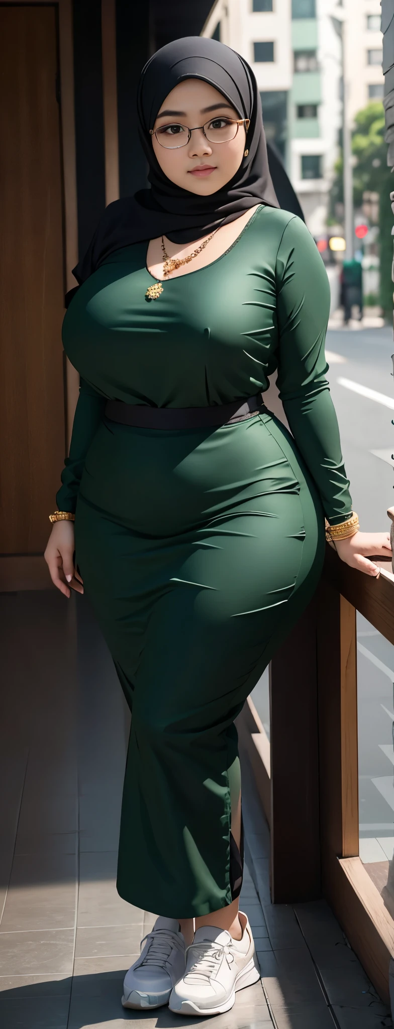 1 malay girl, modern plain hijab, shy, medium portrait, watery eyes, wearing dark green kebaya, ((big breasts)), black bokeh background, well-proportioned body,, chubby massive thighs, full body pose, wearing a necklace , wearing 10 bracelet , wearing a sneaker , glasses 