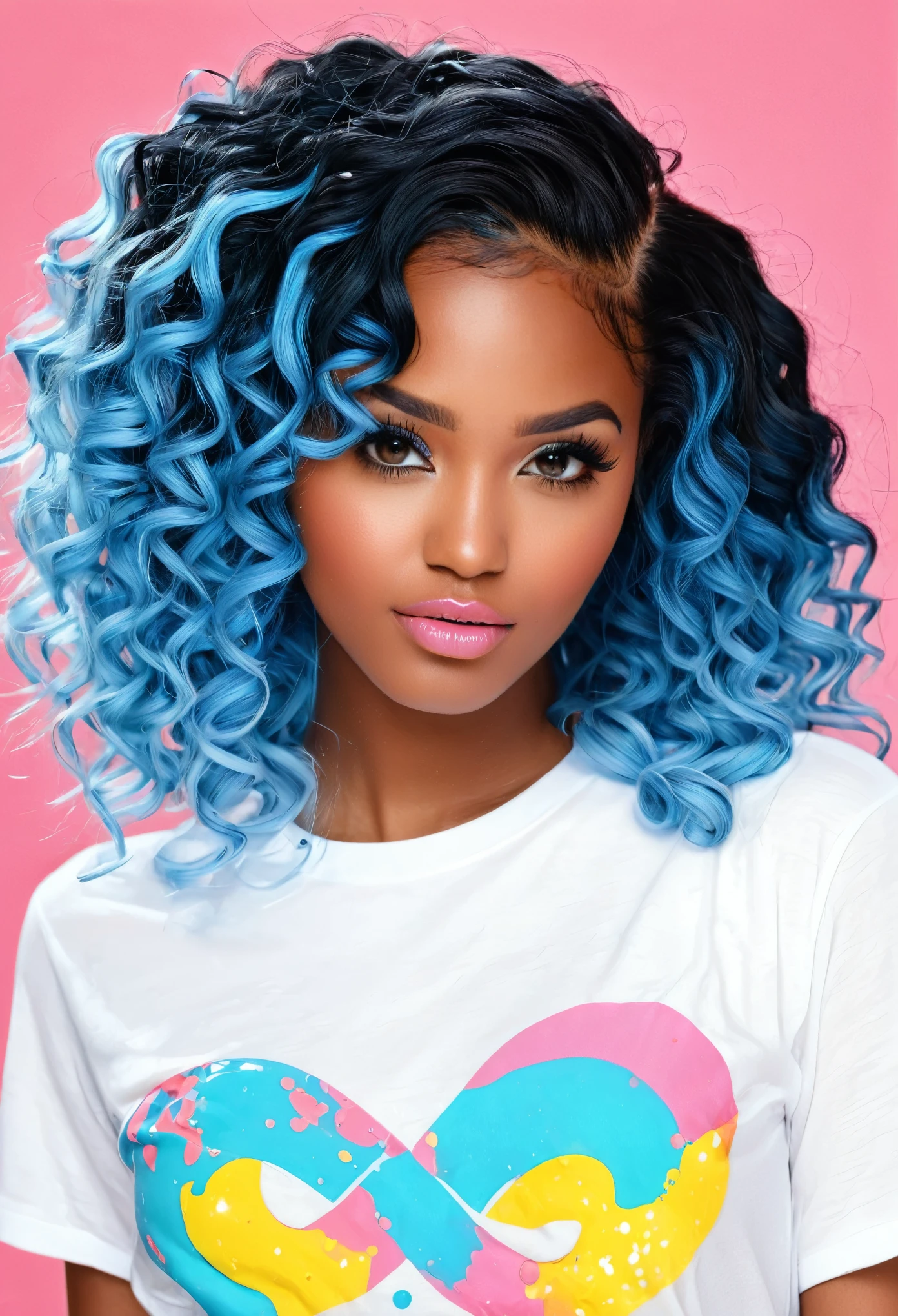 (Masterpiece, Best Quality, High Resolution), infinity mirrors Background, Acrylic Paint, ((Color Splash, Splash of Ink, Color Splash)), Sweet black girl, Long Light Blue Hair, [Light Blue|Pink] Hair, Curly Hair, Glitter, Peach Lips, White Shirt, Front, Upper Body