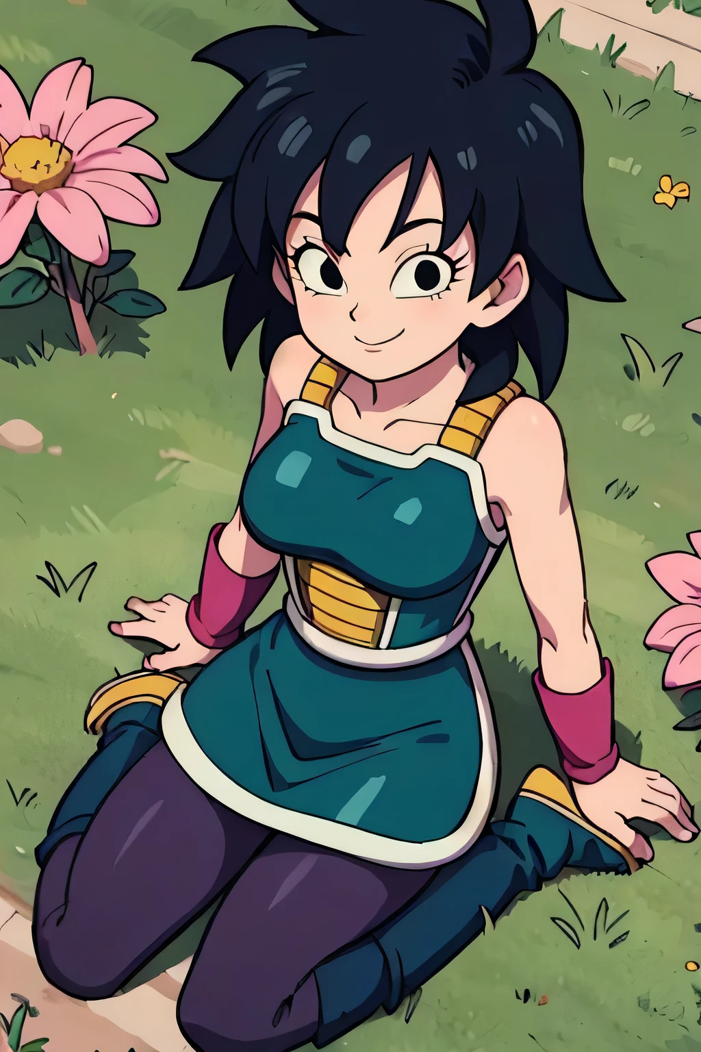 gine,short black hair, black eyes, bare shoulders,pink wristbands,breastplate, green saiyan armor,green skirt,pantyhose,boots, looking at viewer, smiling, happy, sitting, wariza, on grass, flowers, from_above, sunny, high quality, masterpiece