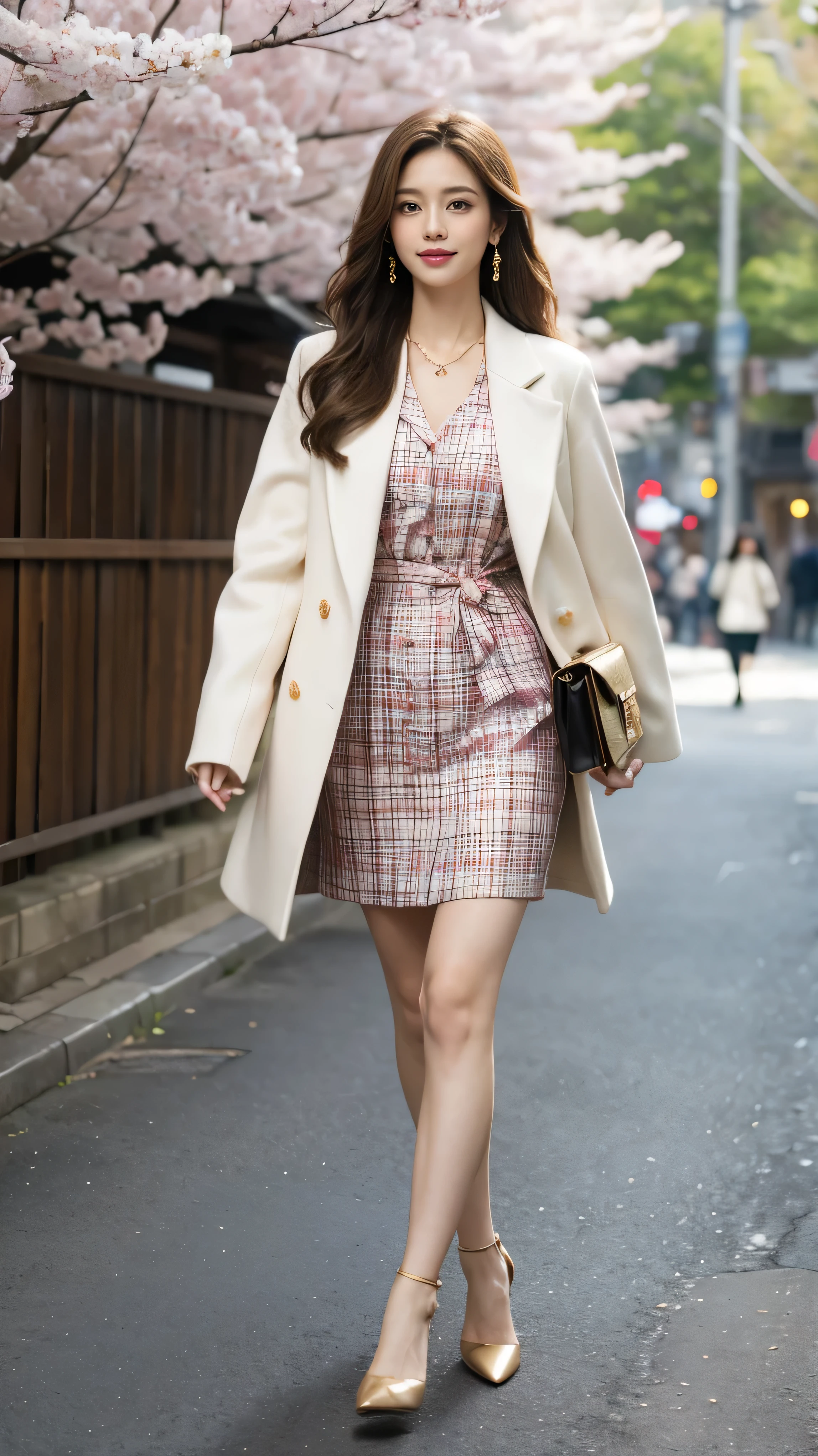 highest quality,masterpiece,Ultra-high resolution,(Actual:1.4),Original photo,Ultra-high resolution，8k，There are also women，Fair skin，Exquisite makeup，Pink High Heels，Long legs，Bright and beautiful、Loosely inward wavy hair,Extra long brown hair_Hair reaching down to the waist,A shy smile、gold luxury necklace＿Large earrings,walking in Kyoto with cherry blossoms、wearing Classy blouse、Red tartan check houlder bag、White long coat＿Thin