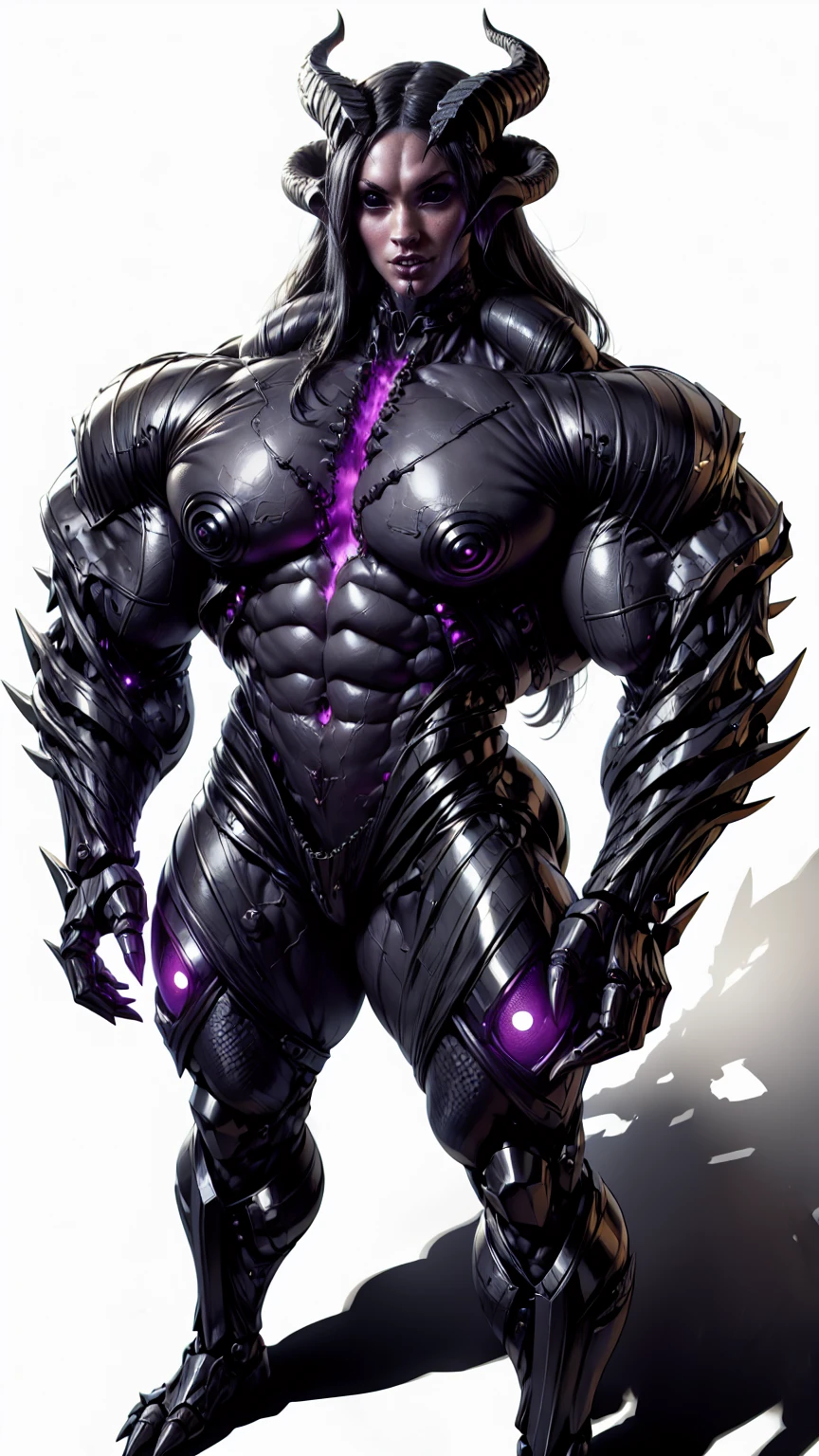 (draconic alien biomechanical succubus with carnage & witchblade physique:1.5), (megan fox as a muscular alien draconic biomechanical demonic woman with flayed skin, gigantic horns, & necrotic metallic muscle:1.5), (witchblade muscular anatomy:1.25), (perfect fingers:1.25), ((wide shoulders & upper body:1.25)), (very skinny legs:1), (huge muscular arms:1.25), (ten pack abs:1.25), (full body view:1.25), choker, detailed eyes, (looking at viewer), (smile:1.25), (blank dark background:1.25), in the art style of H.P. Giger, (beautiful girl face:1.25)