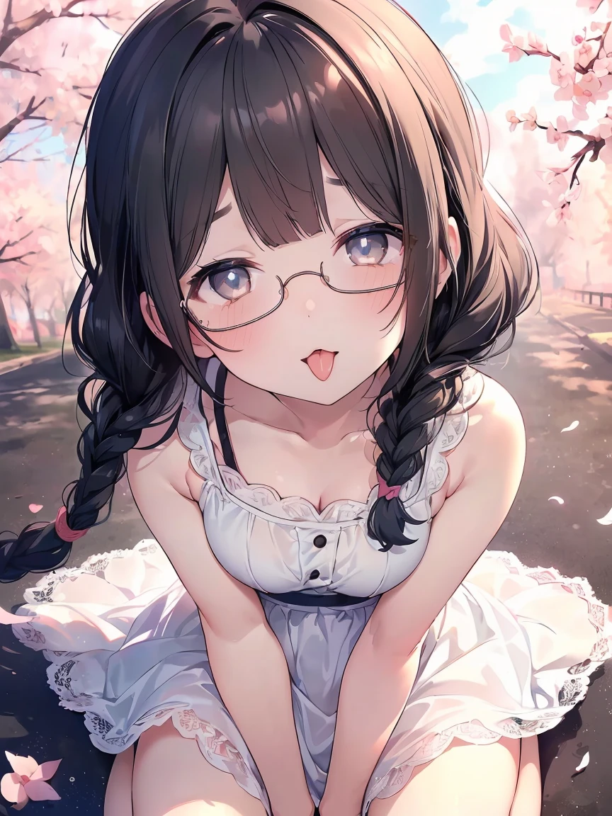 Very detailed, highest quality, High resolution, Moe Anime, ((Cute girl with black hair and droopy eyes)), ((Wearing large round glasses:1.4)), (), Cute eyes, Detailed eye depiction, Sparkle in the eyes, View your viewers, Pale skin, (Big eyes:1.4, Droopy eyes:1.4, Fatty face:1.4), smile, Focus on the face, In the park with cherry blossoms falling, Sitting, (Extreme close up of tongue), (((From above))), Open your mouth, (((Face only:1.3))), ((white lace sleeveless dress)), Bright Eyes, Light from the front, (Put your hands between your legs:1.4), large and long tongue, Cleavage, Braided hairstyle
