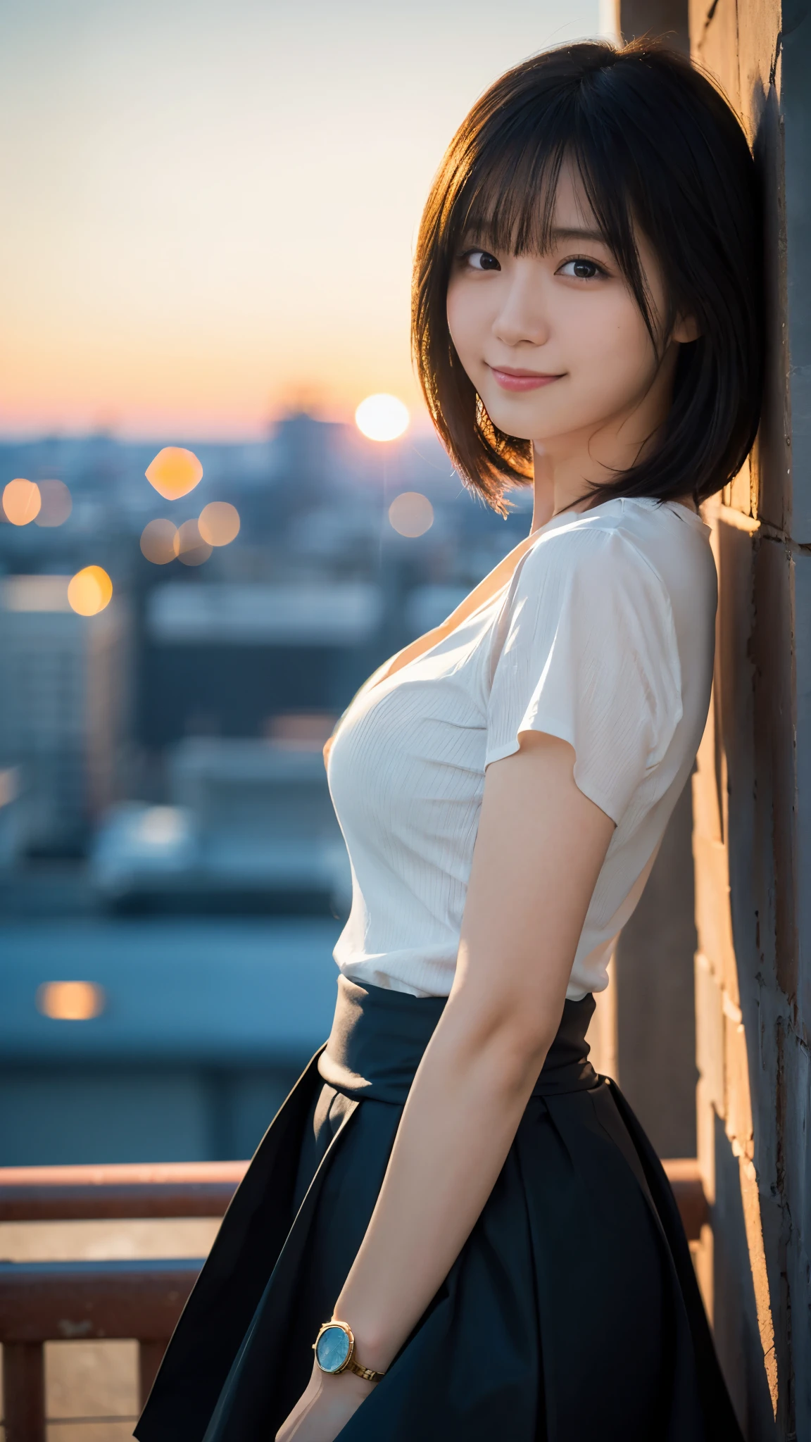 (highest quality,masterpiece:1.3,Ultra-high resolution),(Super detailed,Caustics,8k),(Photorealistic:1.4,RAW shooting),(Buckshot),Japanese,23 years old,cute,Are standing,(Smiling and looking at the camera),Black Hair Middle Hair,Big Breasts,White blouse,Knee-length skirt,Strong winds,Hair blowing in the wind,Rooftop,Backlight,Sunset,Sunset sky,Waist up shot,Face Focus,Face close up,Low position,Low - Angle,Natural light