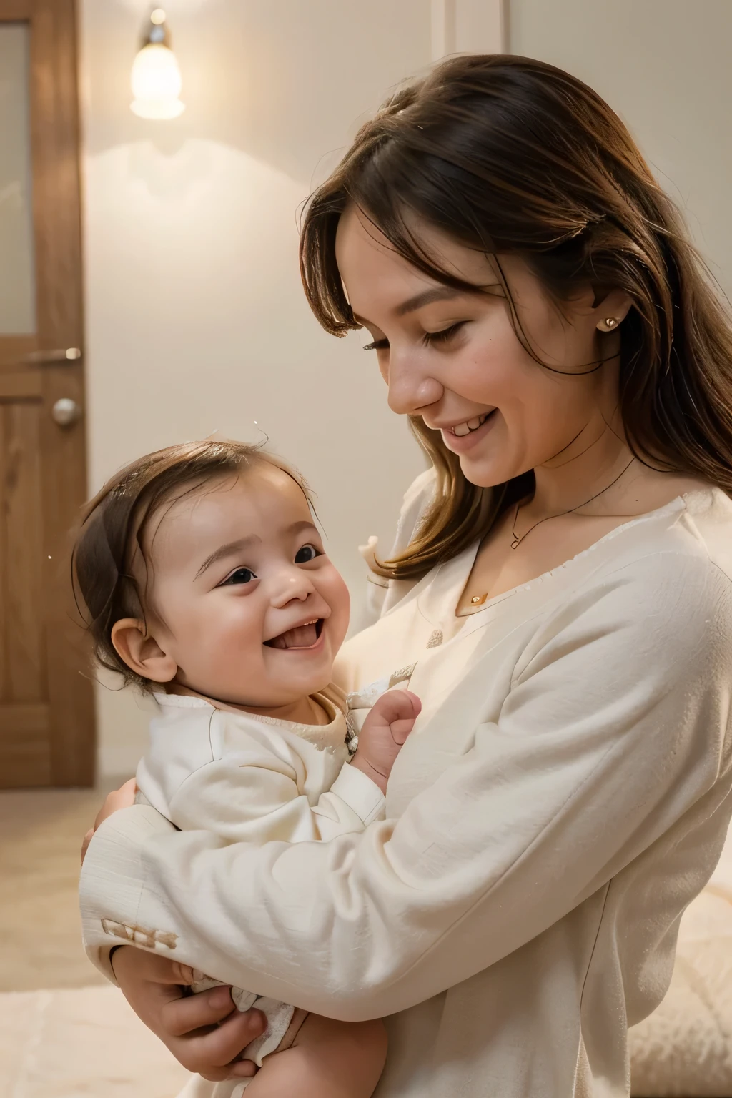 I want to create a picture, Put it on the website of the maternal and child products company, mother holding cute baby, Need to show warmth、maternal care、Feeling happy and smiling, No need to deliberately reflect the product