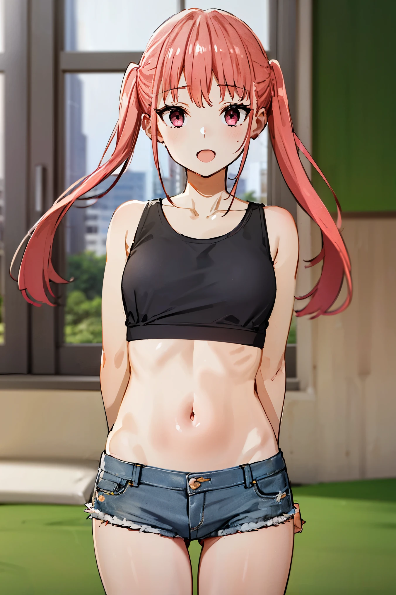 1girl, pink hair, twintail, wearing Sport Bra, denim shorts, very sweaty, city, absurdres, high res, ultrasharp, 8K, masterpiece, very details, looking at viewer, hands behind back