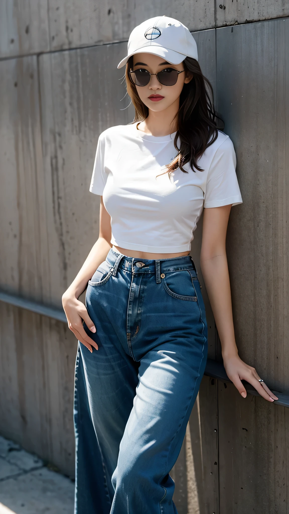 Girl in wide t-shirt and wide leg jeans poses for photo、full bodyesbian t-shirt、bra very、Slim body、Moderately bust、Slim girl model、18-year-old female model、Leaning against a clean wall、Wearing fashion sunglasses and a cap, CG rendering, 16K,  Very detailed, wallpaper, depth of field, movie light, lens flare, Ray tracing,