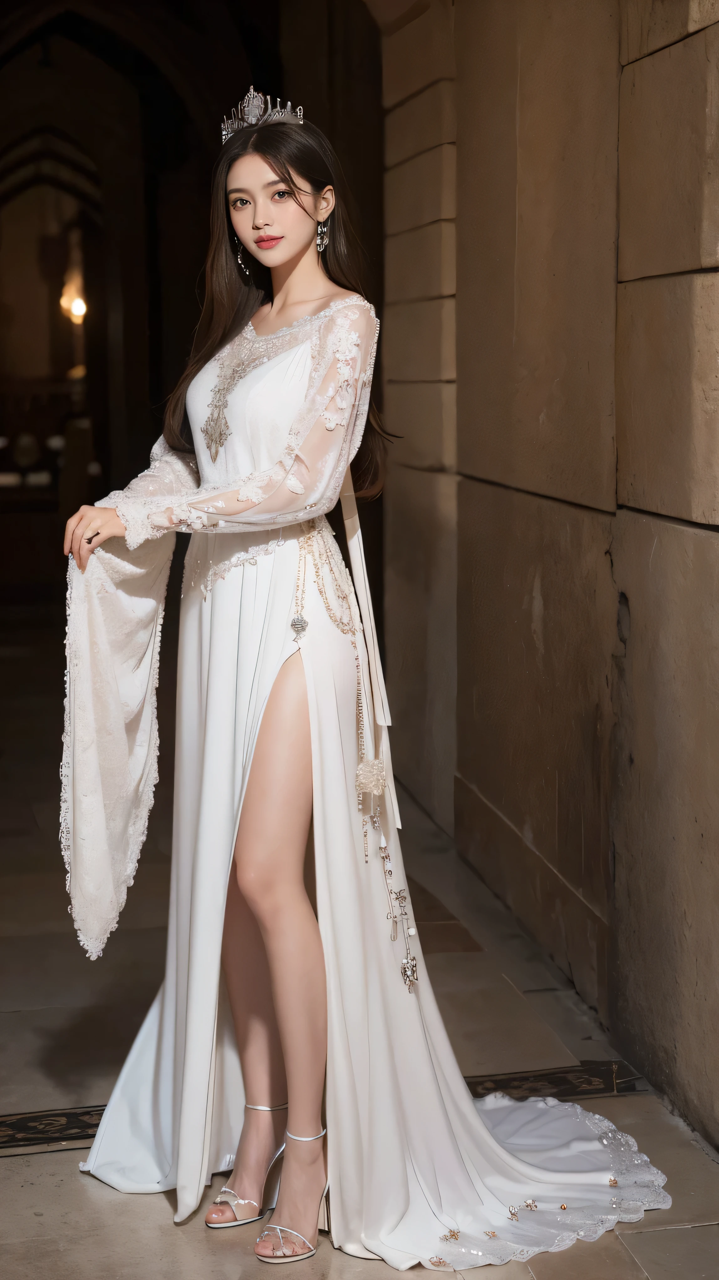 highest quality,masterpiece,Ultra-high resolution,(Actual:1.4),Original photo,Ultra-high resolution，8k，There are also women，Fair skin，Exquisite makeup，A flowing white dress adorned with intricate silver embroidery_Long sleeve_thin，Pink High Heels，Long legs，Bright and beautiful、Straight long hair_Hair reaching down to the waist,A shy smile、Medieval female knights、crown、armor、shield and sword