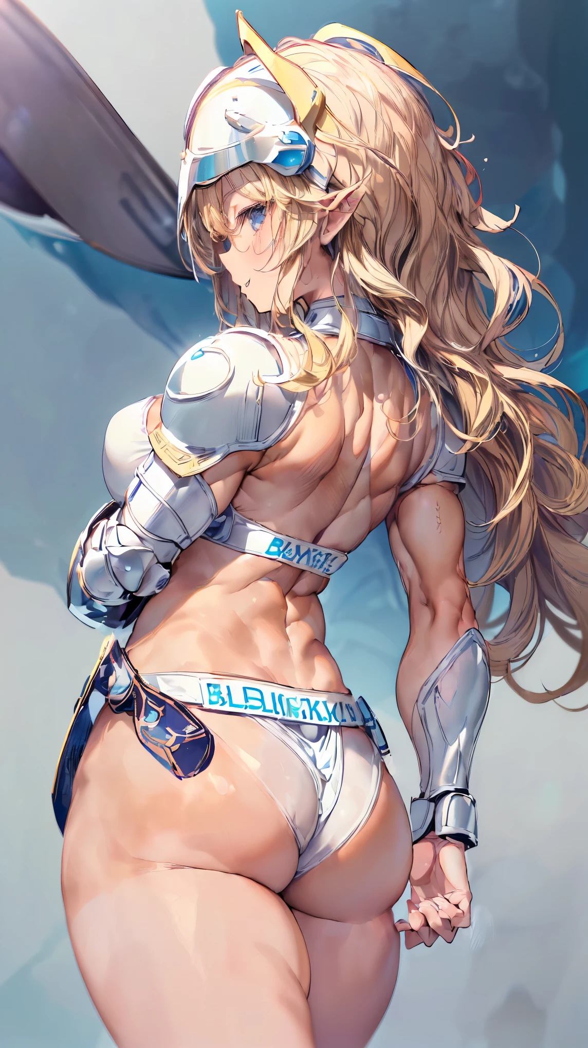 (Adult women:1.5)、Very detailed、highest quality、Best image quality、masterpiece、8k、Anime Face、A kind smile、Open your mouth、Sparkling blue eyes、(Blonde Wavy Hair:1.5)、、Muscles of the whole body、(High leg T-back thong:1.5)、Thigh belt、(Wearing white bikini armor:1.5)、(Cowboy Shot:1.5)、(Leg armor:1.5)、(Wearing a helmet:1.5)