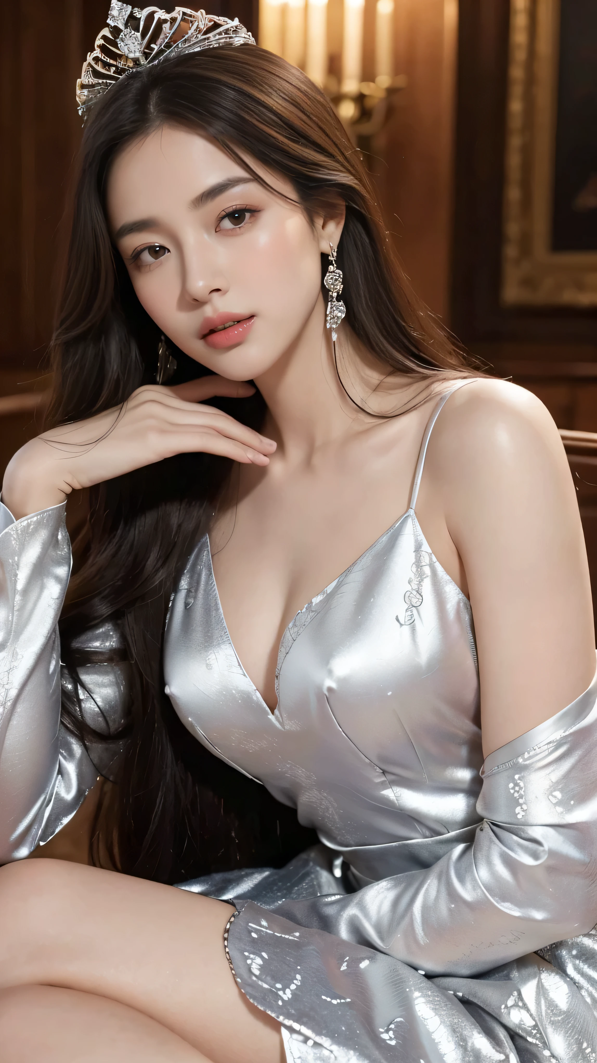 highest quality,masterpiece,Ultra-high resolution,(Actual:1.4),Original photo,Ultra-high resolution,8k,There are also women,Fair skin,Exquisite makeup,A flowing white dress adorned with intricate silver embroidery_Long sleeve_thin,Pink High Heels,Long legs,Bright and beautiful、Straight long hair_Hair reaching down to the waist,A shy smile、Medieval female knights、crown、armor、shield and sword、In a magnificent palace、((close her eyes,open her mouth wide,Furrow her brow deeply:1.3)), ((right hand touching her chest and left hand on her groin:1.3)),