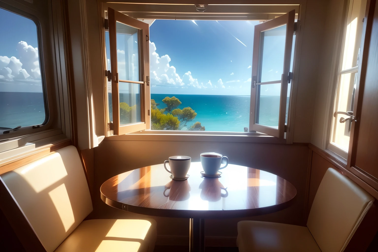 A cup of coffee by the window, coffee for the day, mood, light through the window, light, big window, blue ocean outside the window
