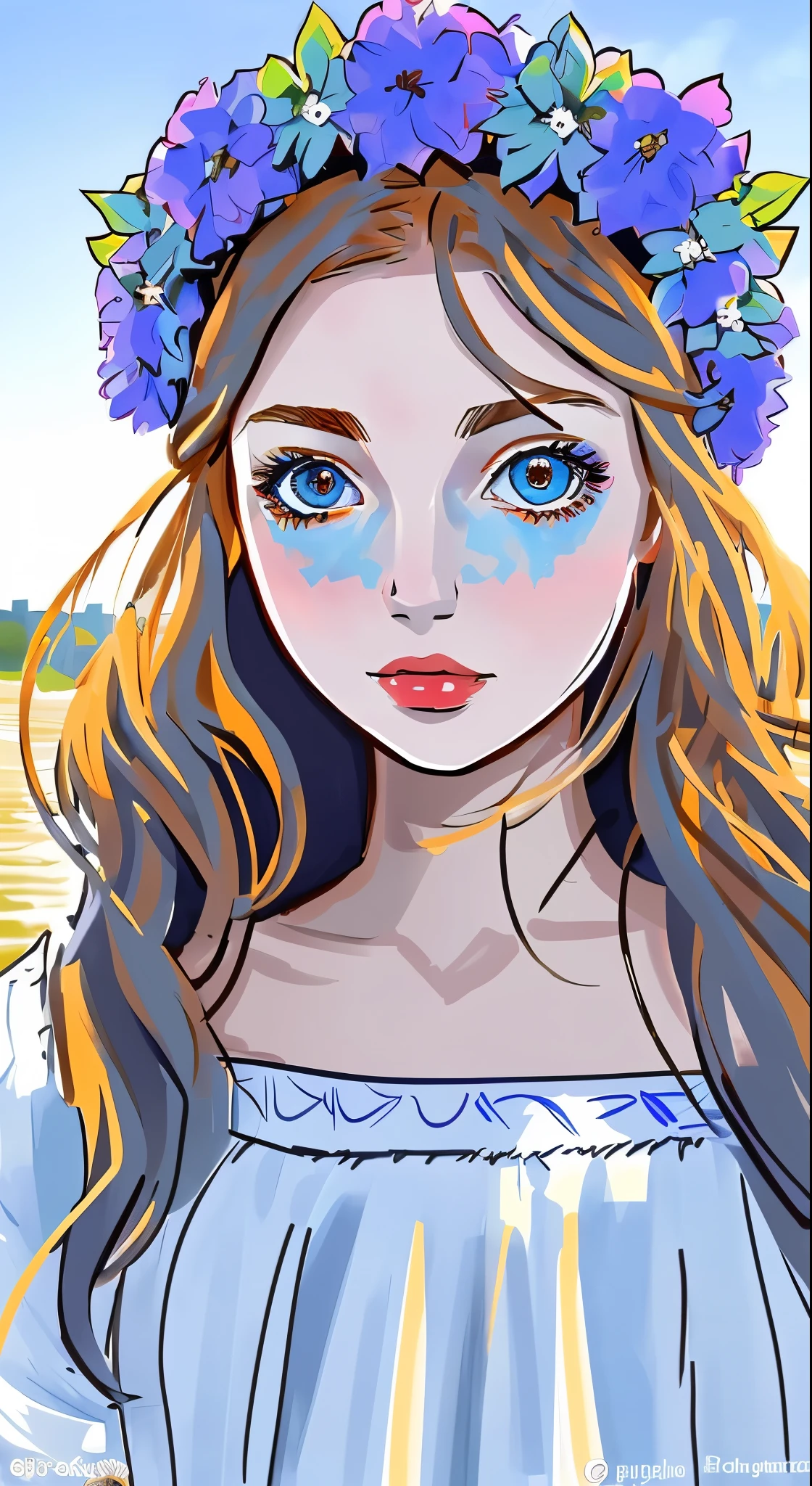 20-year-old woman in Ukrainian costume、Blue eyes with a flower crown on his head、River and blue sky in the background、Afternoon light and sunset realistic illustration