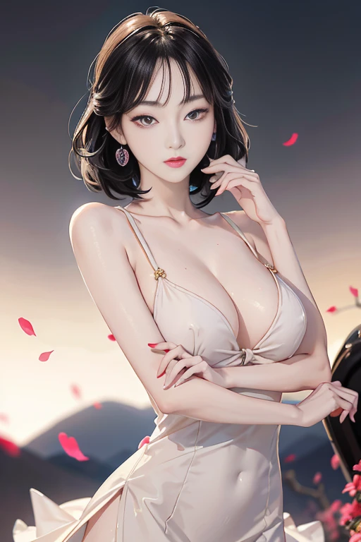 tsuruta ichiro, Narrow-eyed, 1girl in, Allback、deadpan、short-hair、shorth hair、brow、Reluctance、A dark-haired、Tucked Hair Solo, Cowgirl, Onepiece, ((big breasts)), Thin slit eyes、Black eyes, Light shines on the eyes、Black hair, gloves, Dress, Luxurious Jewelry, earrings, sharp eye、 elbow groves,Raise your hands and tie your hair back, random color, random color dress, Makeup for long eyes, Slender eyes、lip stick, Complex petal pattern, Rim Light, Back Light, pastel color,Studio Lighting