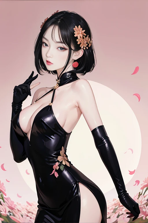 tsuruta ichiro, Narrow-eyed, 1girl in, Allback、deadpan、short-hair、shorth hair、brow、Reluctance、A dark-haired、Tucked Hair Solo, Cowgirl, Onepiece, ((big breasts)), Thin slit eyes、Black eyes, Light shines on the eyes、Black hair, gloves, Dress, Luxurious Jewelry, earrings, sharp eye、 elbow groves,Raise your hands and tie your hair back, random color, random color dress, Makeup for long eyes, Slender eyes、lip stick, Complex petal pattern, Rim Light, Back Light, pastel color,Studio Lighting