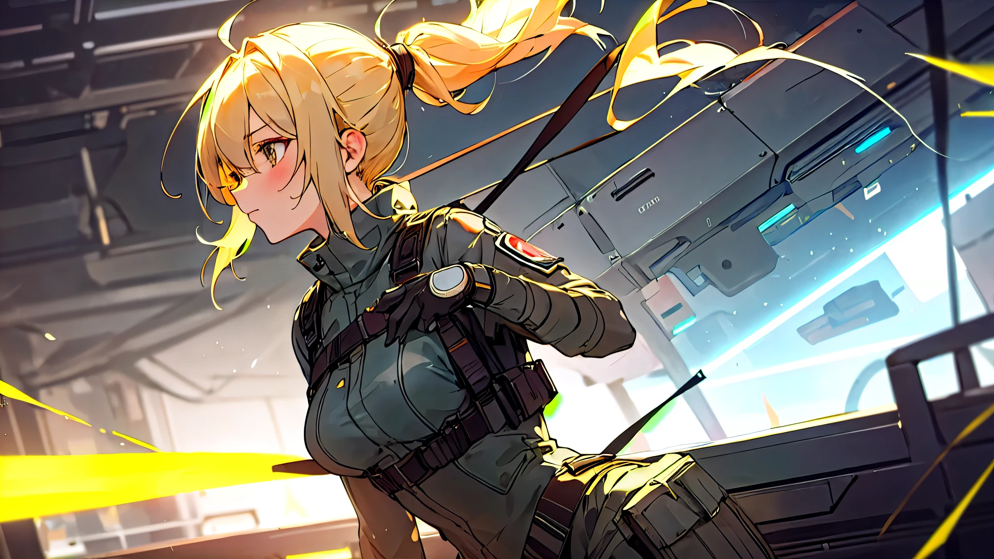 2d anime style, a female military preparing for a new mission, latex outfit for espionage, blonde hair tied in a ponytail, there is a futuristic military base in the background, artificial lighting, high definition, high quality, intricate details, dynamic composition