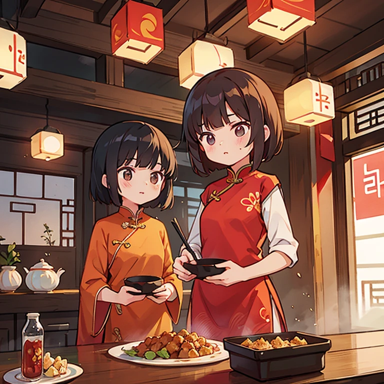 Girls in Chinese dresses making mapo tofu