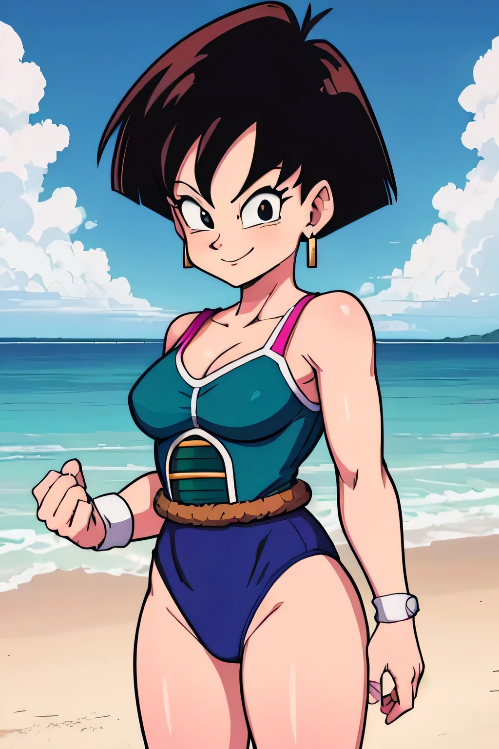 (masterpiece, best quality), fasha, 1 girl, solo, black eyes, black hair, short hair, spiked hair, earrings, saiyan armor, pink leotard, black pantyhose, bare shoulders, standing up, beach background, blue skies, smiling, seductive, cowboy shot